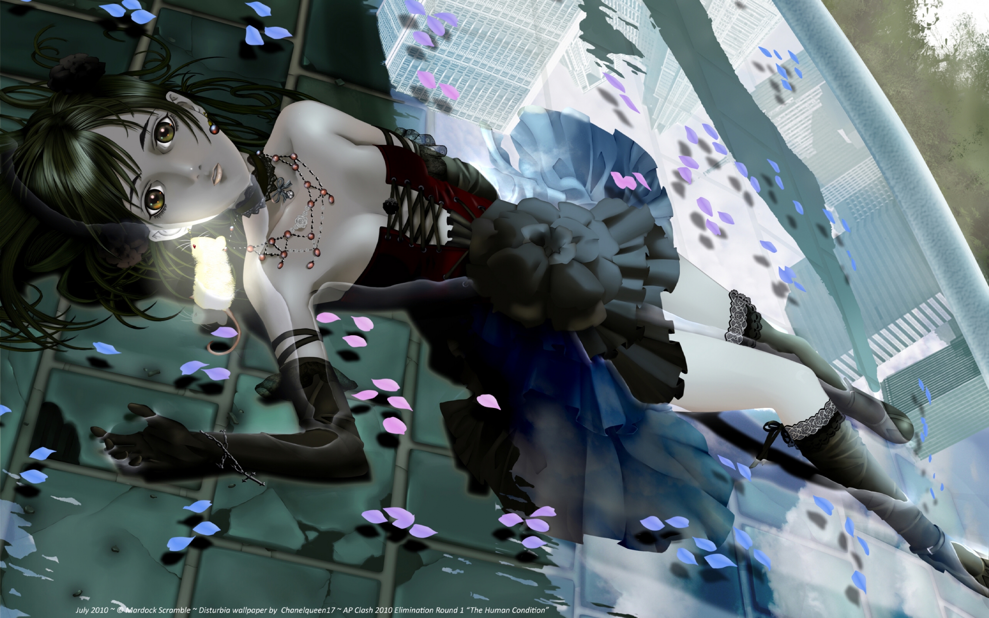 disturbia, gloves, goth-loli, green_eyes, green_hair, lolita_fashion, mardock_scramble, oeufcoque_penteano, rune_balot, tagme, thighhighs, water, wet