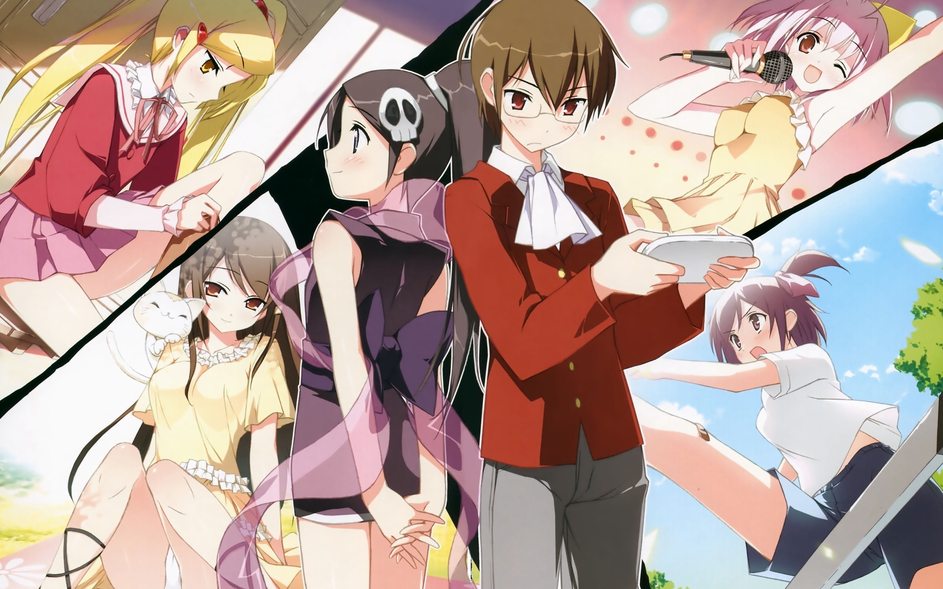 animal, aoyama_mio, blonde_hair, cat, elsee_de_ruth_ima, glasses, kami_nomi_zo_shiru_sekai, kantoku, kasuga_kusunoki, katsuragi_keima, microphone, nakagawa_kanon, panties, pink_hair, red_eyes, takahara_ayumi, underwear