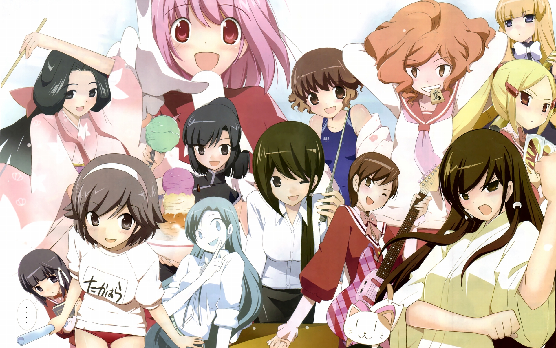 aoyama_mio, blonde_hair, goido_yui, guitar, gym_uniform, haibara_nanaka, hinaga_rieko, instrument, japanese_clothes, kami_nomi_zo_shiru_sekai, kasuga_kusunoki, kosaka_chihiro, kujyo_tukiyo, long_hair, nagase_jun, nakagawa_kanon, pink_hair, red_eyes, shiomiya_shiori, short_hair, swimsuit, takahara_ayumi, uemoto_sumire, wakaki_tamiki, wink
