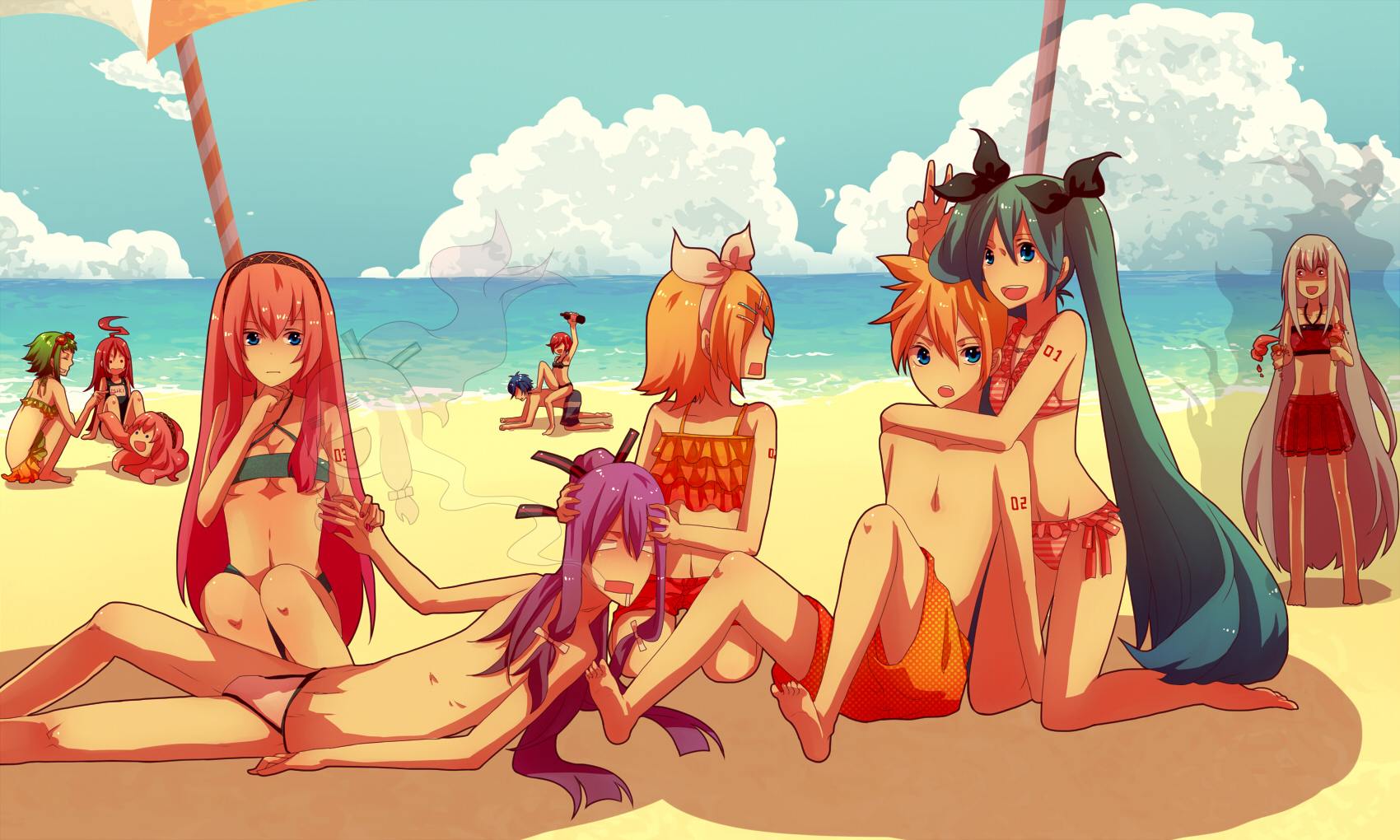 beach, bikini, group, gumi, hatsune_miku, kagamine_len, kagamine_rin, kaito, kamui_gakupo, male, megurine_luka, meiko, miki_(vocaloid), parody, sukone_tei, swimsuit, tagme_(artist), takoluka, twintails, vocaloid
