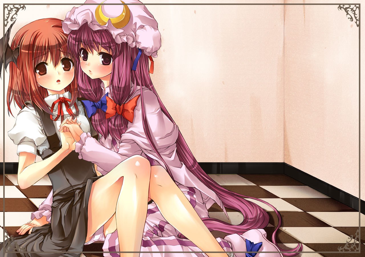 2girls, animal_ears, blush, demon, dress, hat, koakuma, long_hair, panties, patchouli_knowledge, purple_eyes, purple_hair, red_eyes, red_hair, ribbons, short_hair, shoujo_ai, tirumu, touhou, underwear