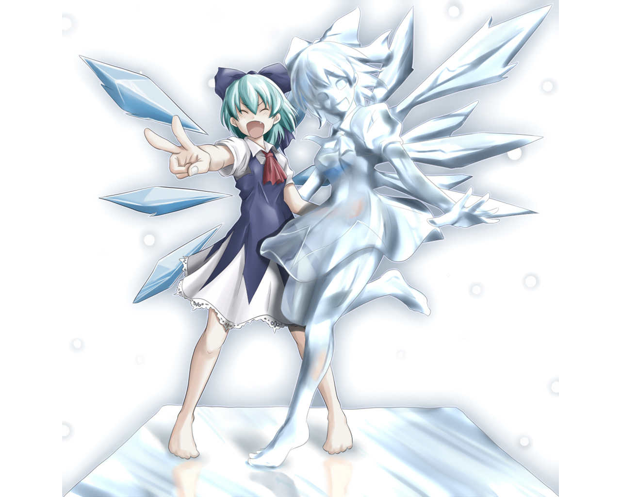 ao_usagi, barefoot, blue_hair, bow, cirno, dress, fairy, fang, green_hair, ribbons, short_hair, touhou, wings