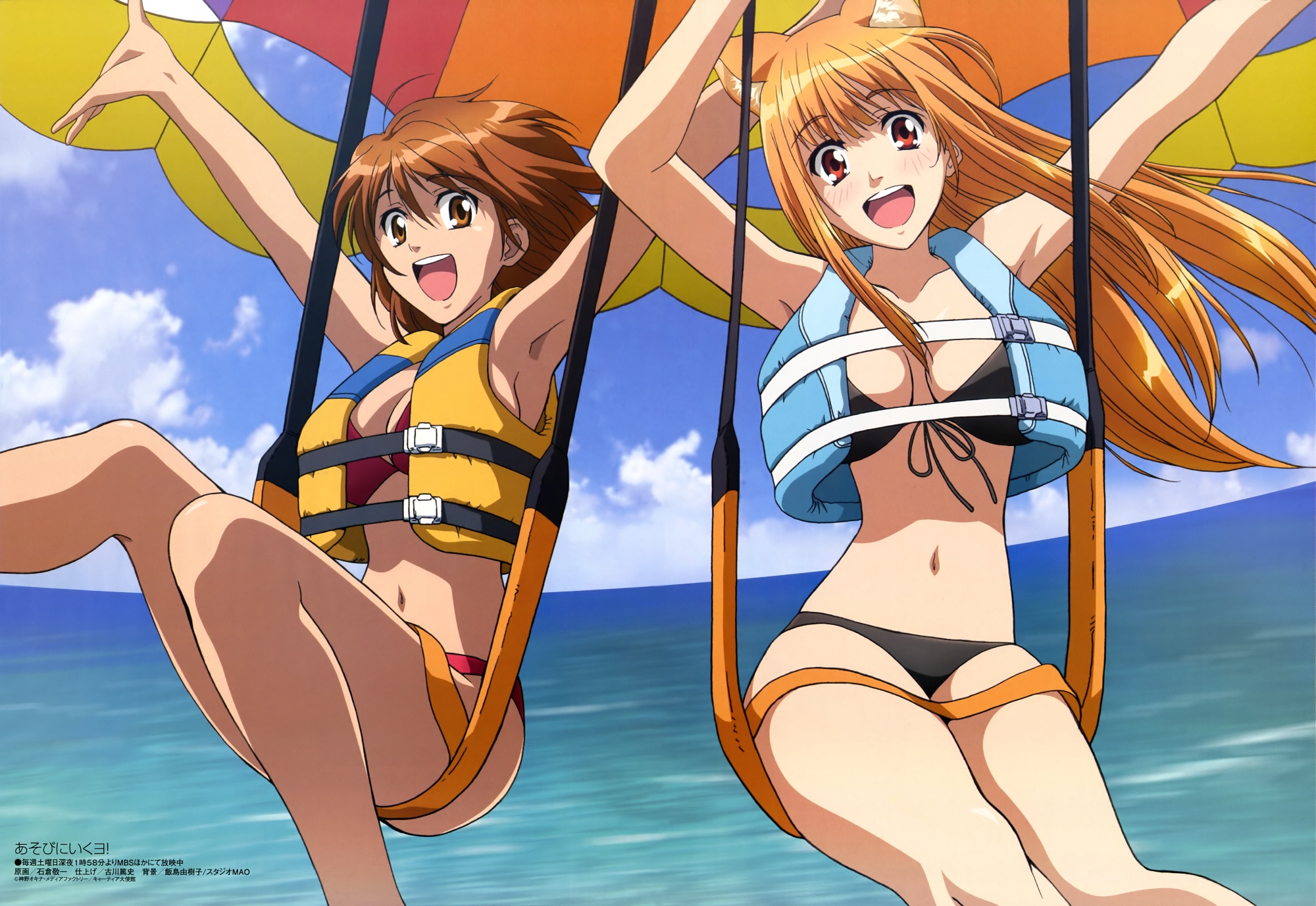2girls, animal_ears, asobi_ni_iku_yo!, bikini, breasts, cleavage, eris_(asobi_ni_iku_yo!), kinjou_manami, megami, scan, swimsuit