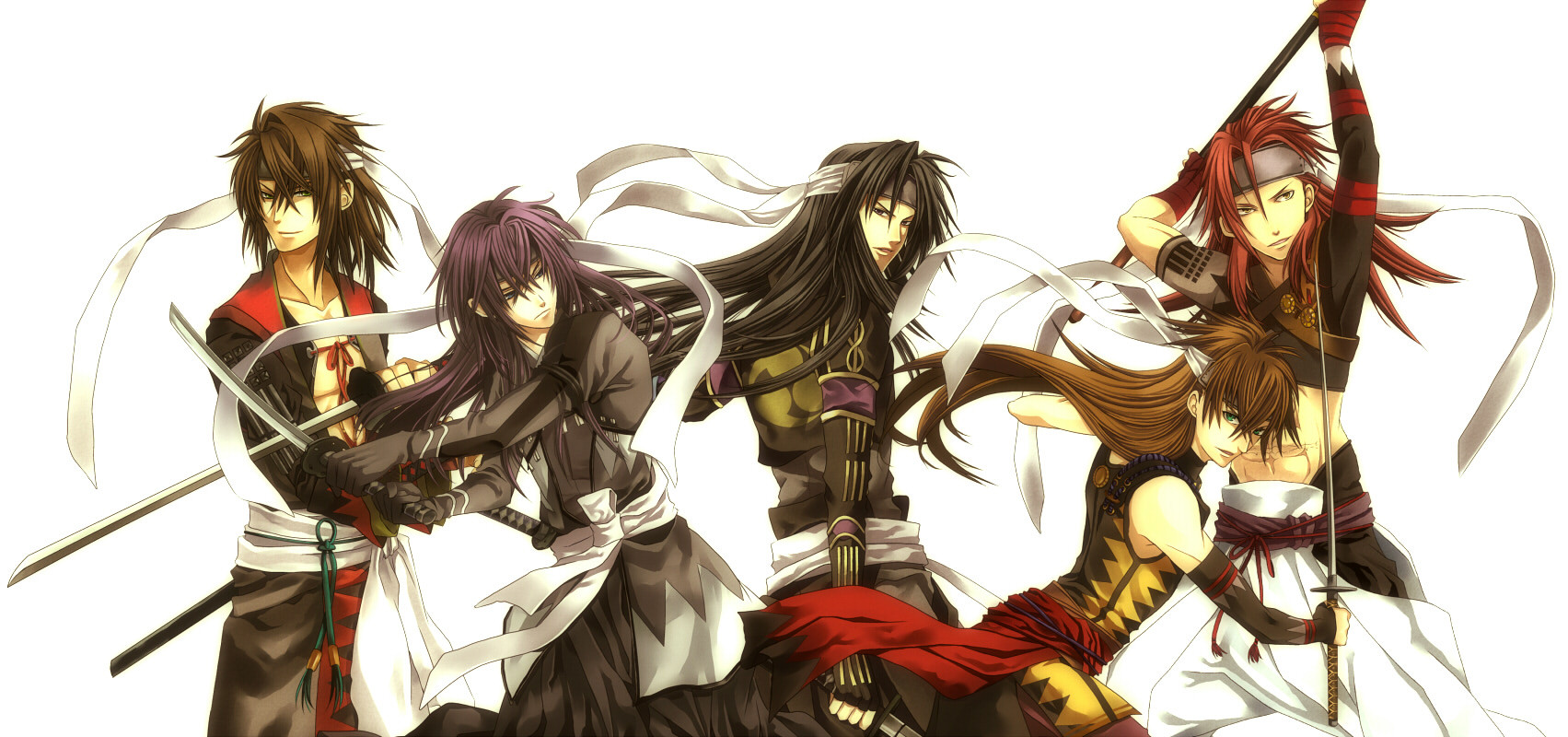 hakuouki_shinsengumi_kitan, harada_sanosuke, hijikata_toshizou, katana, okita_souji, saitou_hajime, sword, toudou_heisuke, weapon, white