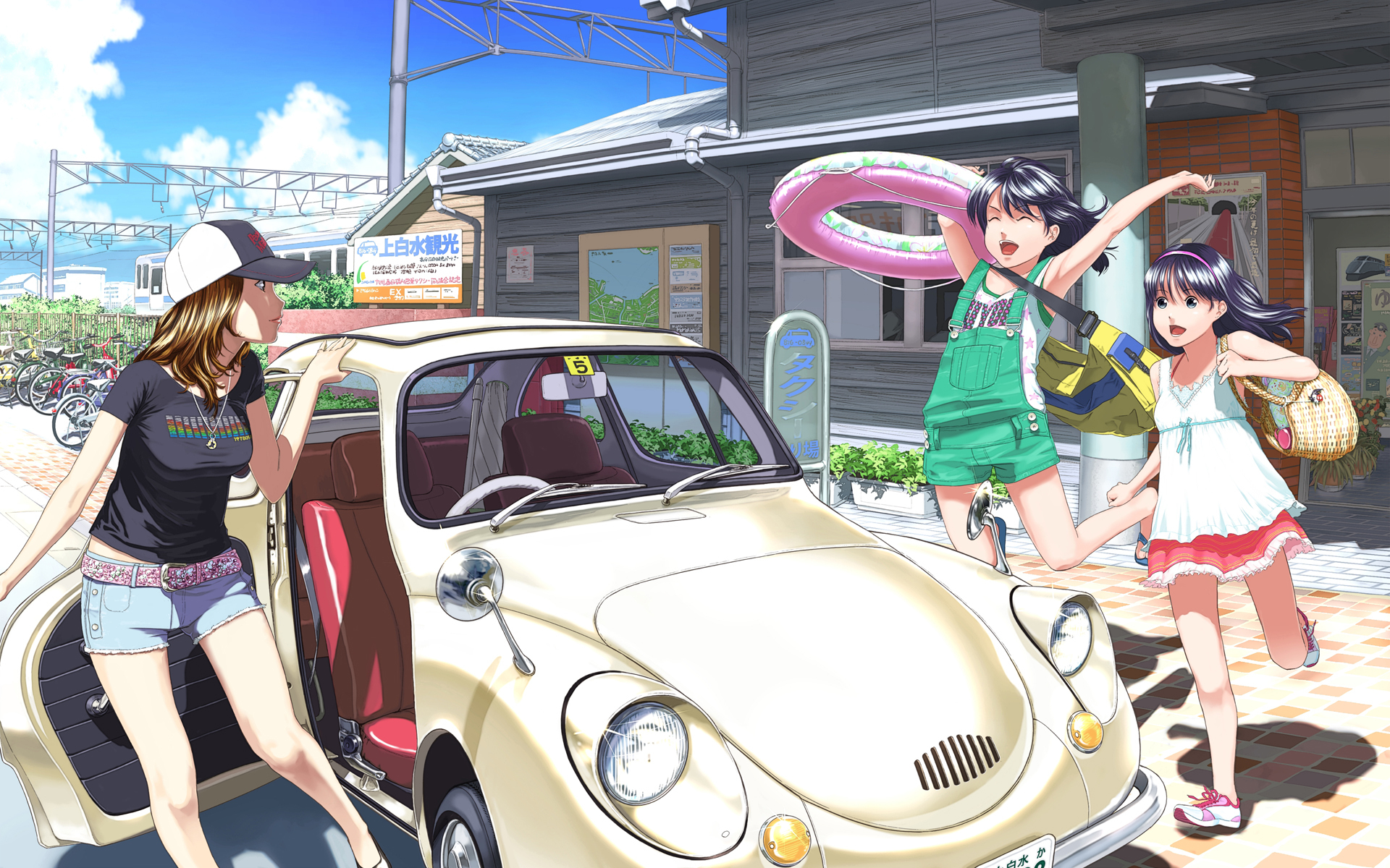 bicycle, black_hair, car, dress, hat, kagijou, long_hair, necklace, original, shorts, skirt, sky, summer, swim_ring, tagme, train
