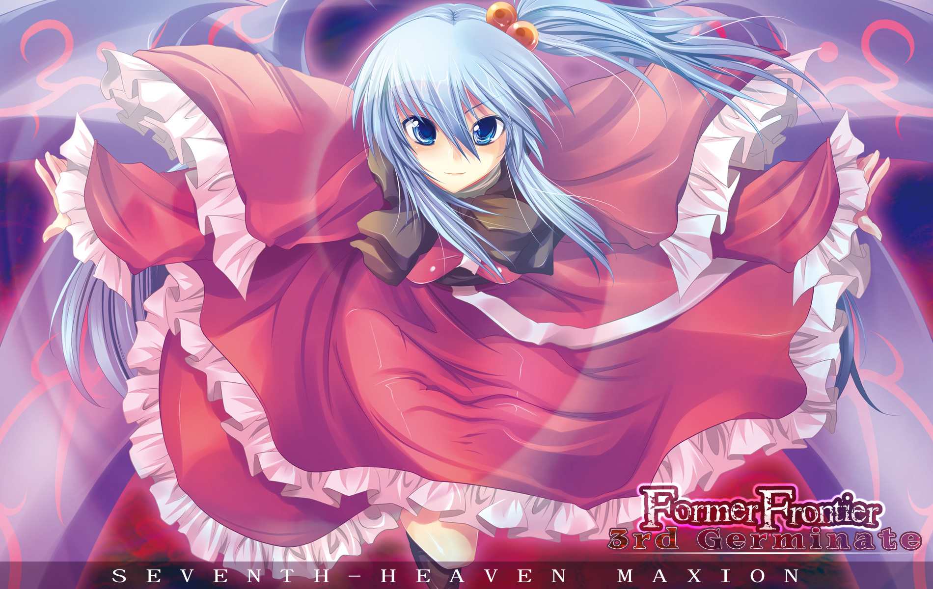 blue_eyes, blue_hair, long_hair, maki_(artist), shinki, touhou, wings