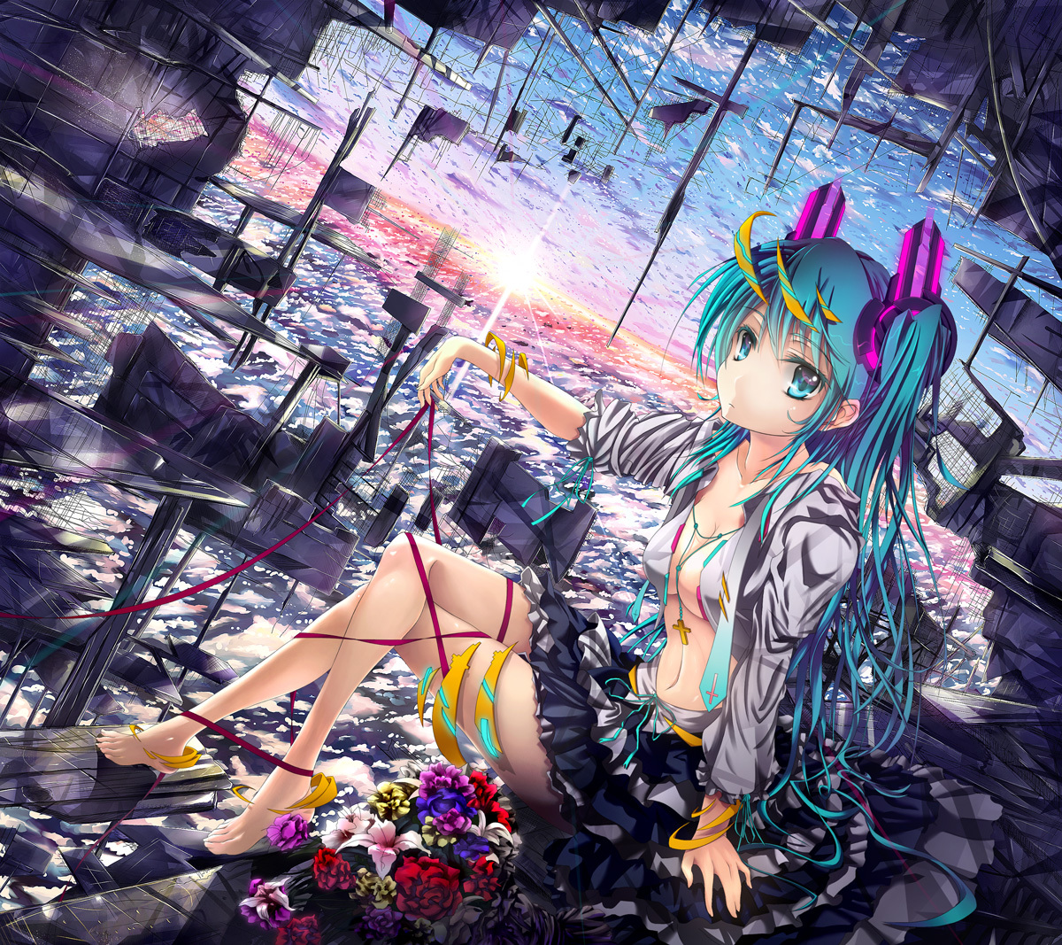 aqua_eyes, aqua_hair, barefoot, breasts, cleavage, clouds, flowers, glycyrrhizae