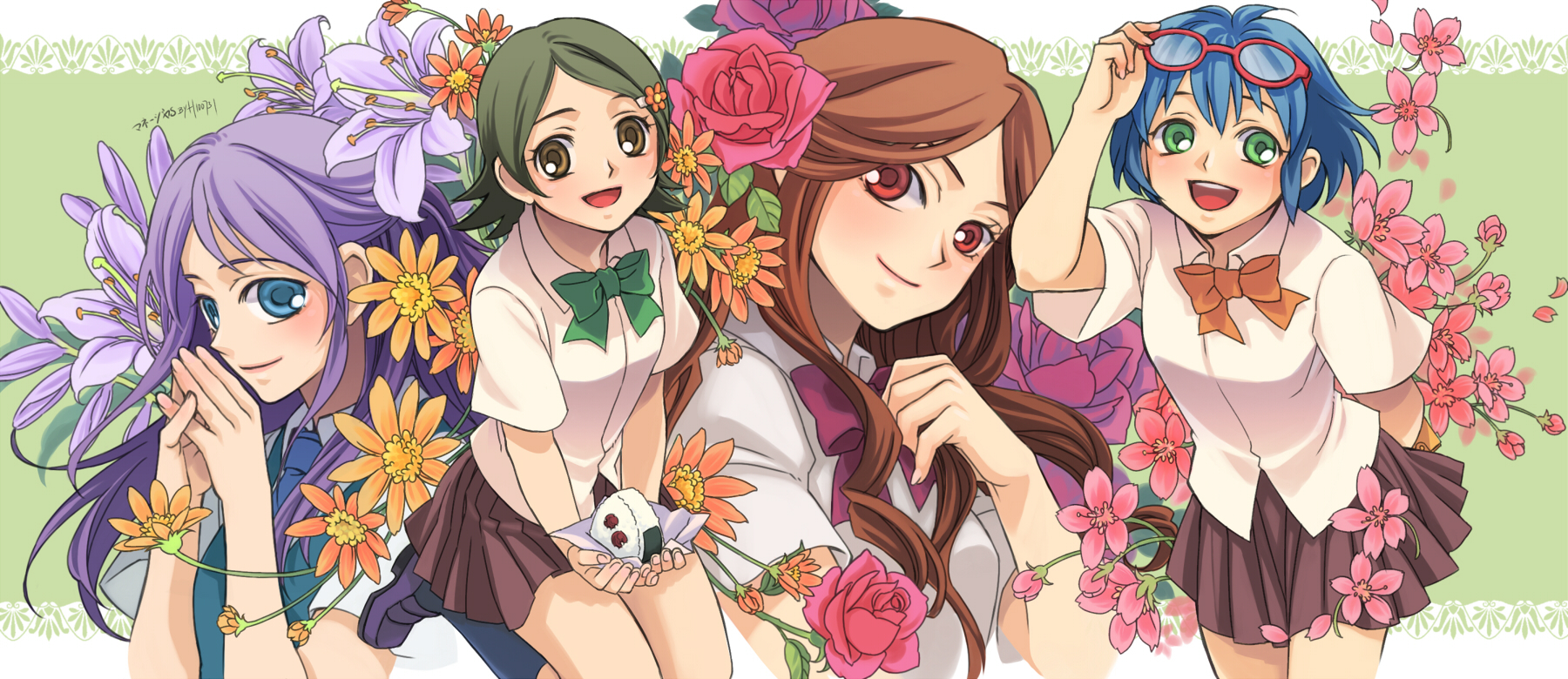blue_eyes, blue_hair, bow, brown_hair, flowers, food, glasses, green_eyes, inazuma_eleven, kino_aki, kudou_fuyuka, otonashi_haruna, purple_hair, raimon_natsumi, red_eyes, rose, school_uniform