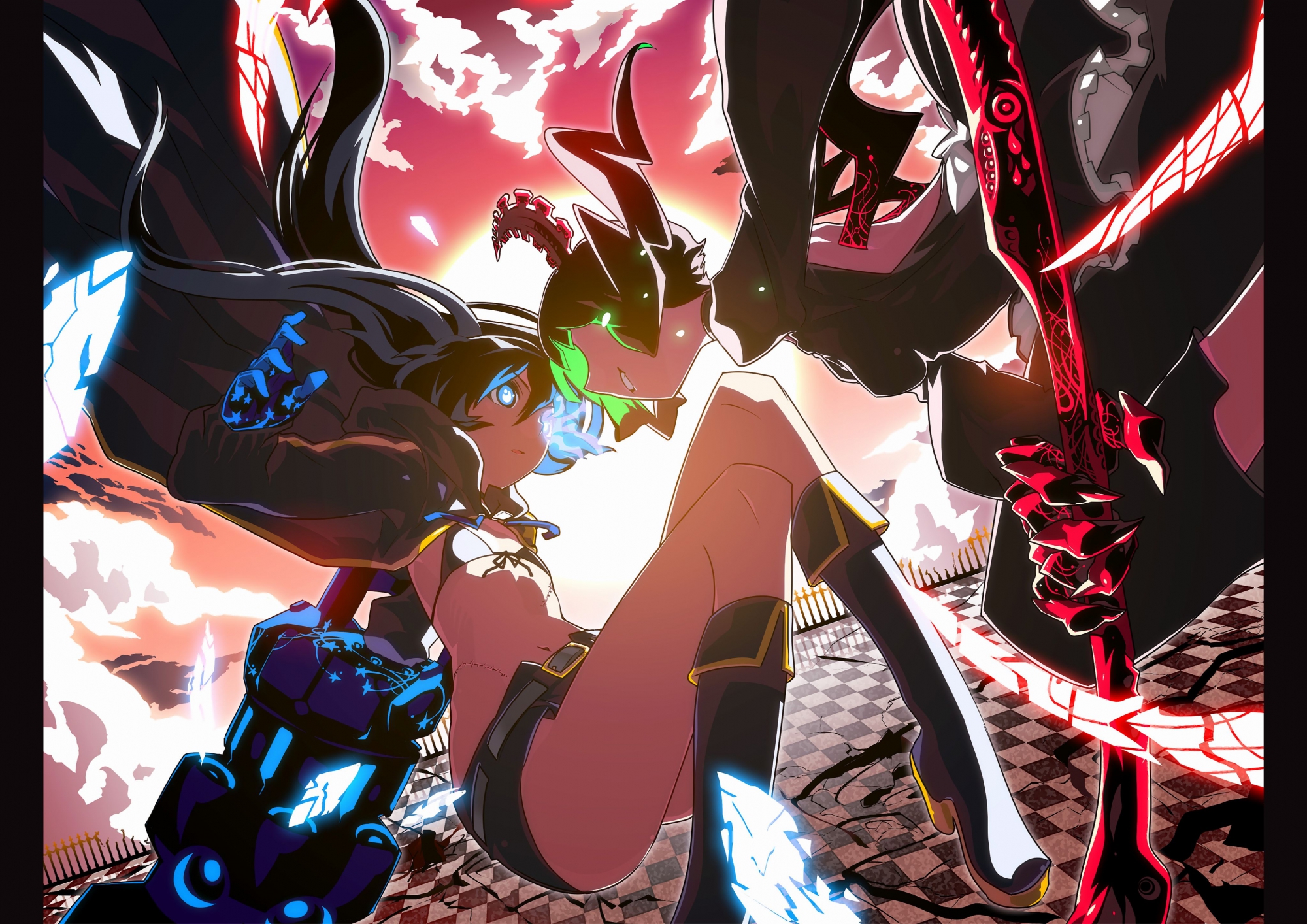 black_hair, black_rock_shooter, blue_eyes, chiba_tsuru, flat_chest, kuroi_mato, takanashi_yomi, weapon