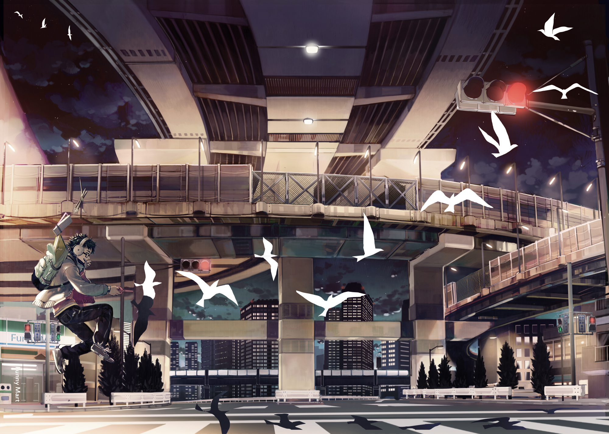 animal, bird, building, city, glasses, headphones, original, shimetta_oshime