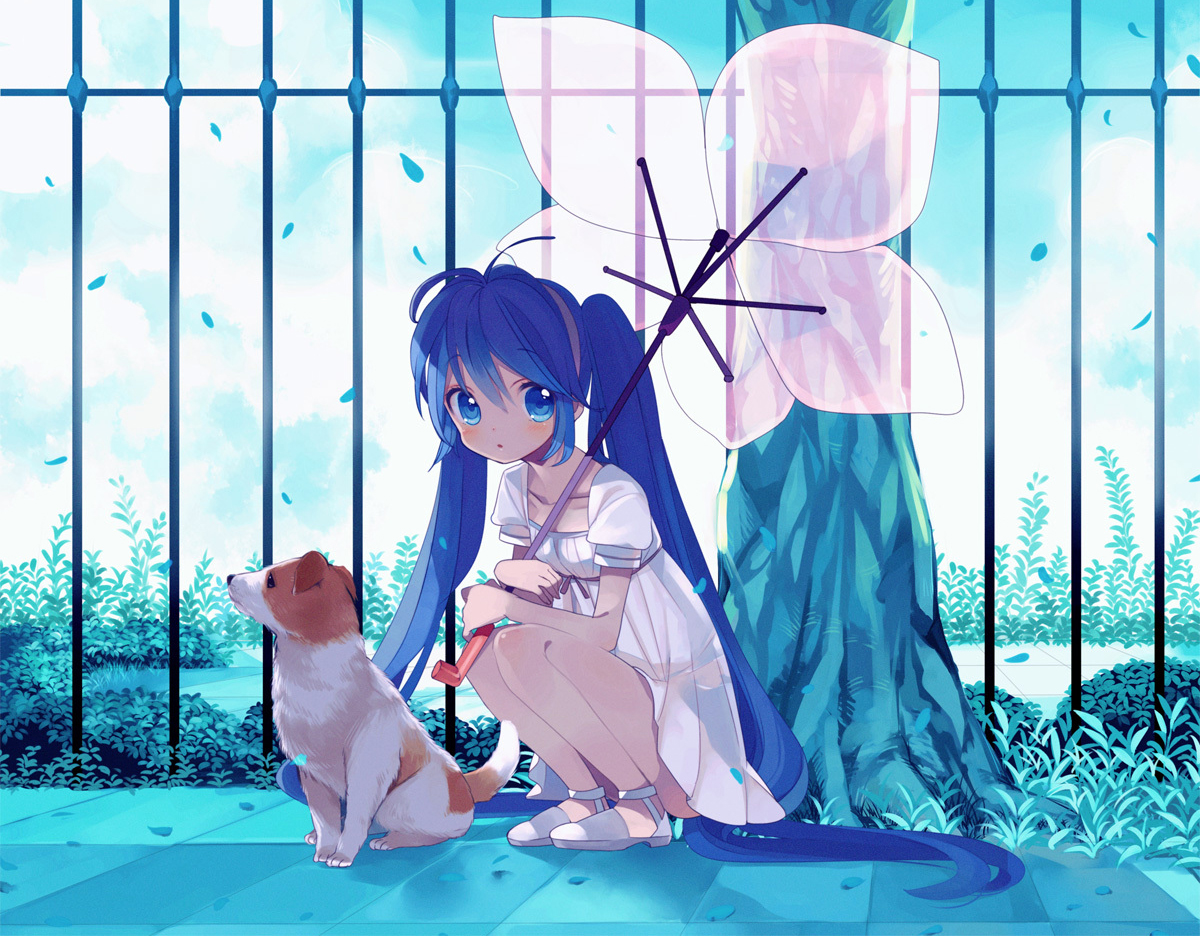 amazawa_koma, animal, blue_eyes, blue_hair, dog, dress, hatsune_miku, long_hair, petals, summer_dress, tree, twintails, umbrella, vocaloid