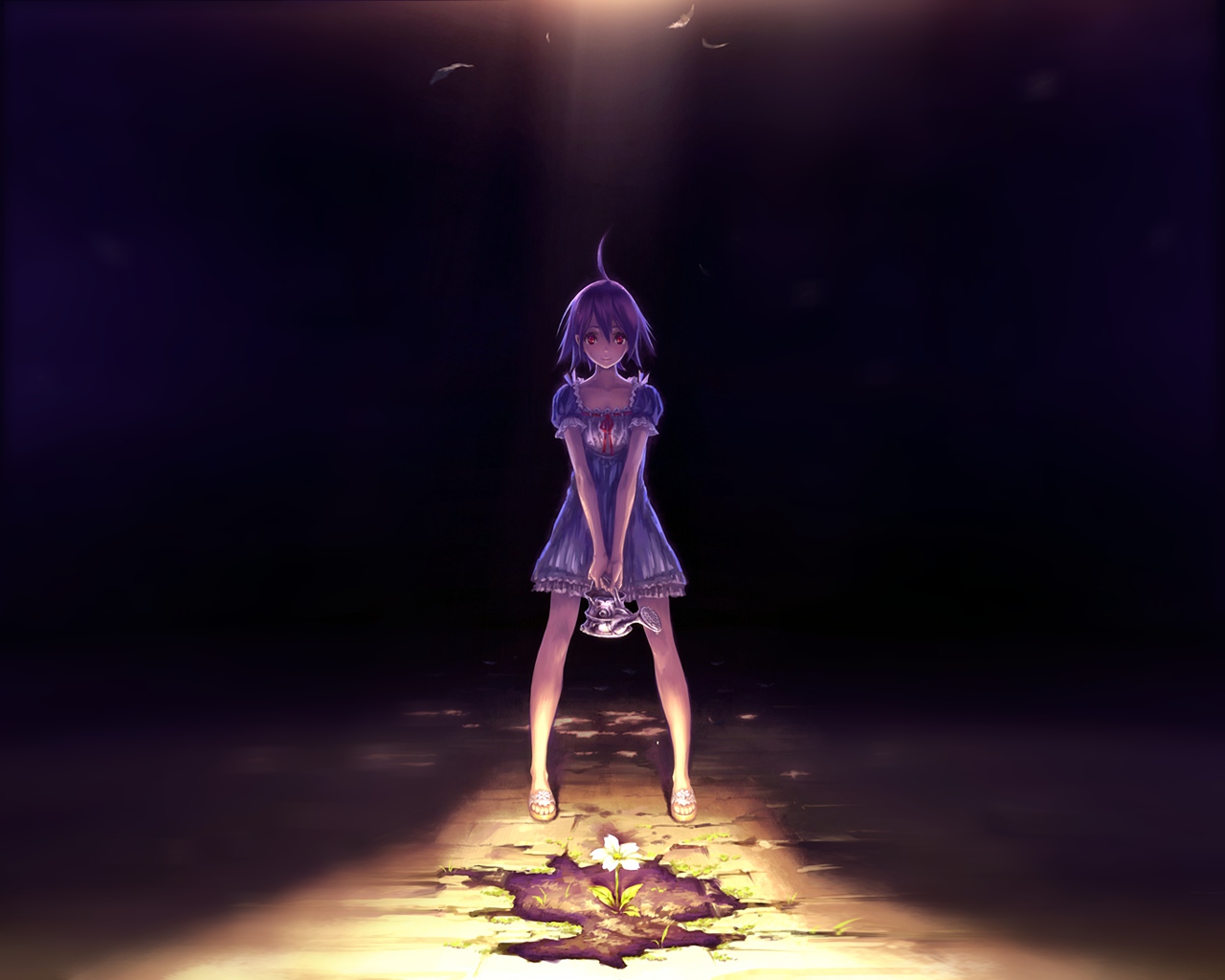 dark, dress, flowers, hisakata_souji, original, purple_hair, red_eyes, short_hair, summer_dress, third-party_edit