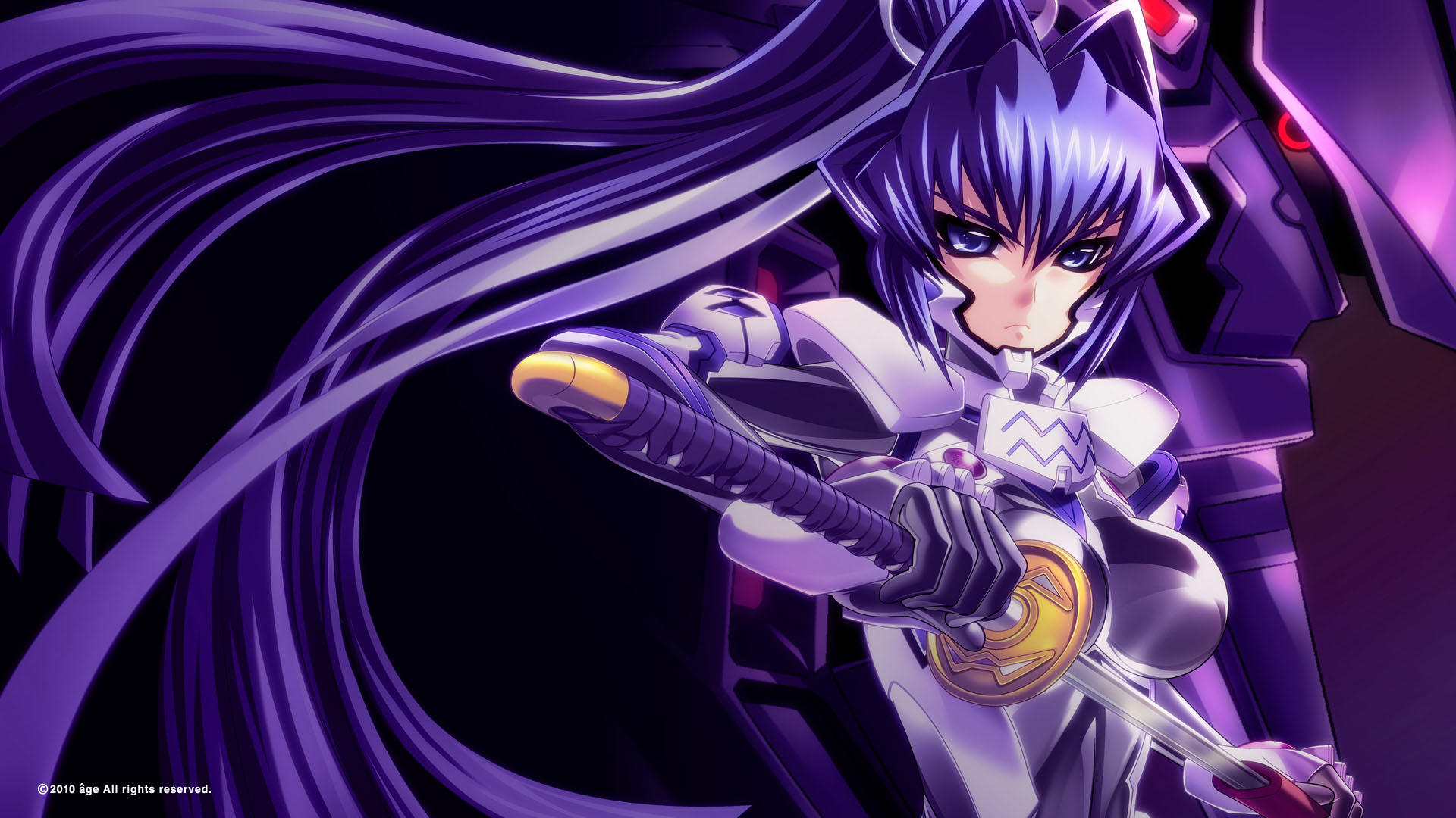 blue_eyes, blue_hair, bou, jpeg_artifacts, katana, long_hair, mecha, mitsurugi_meiya