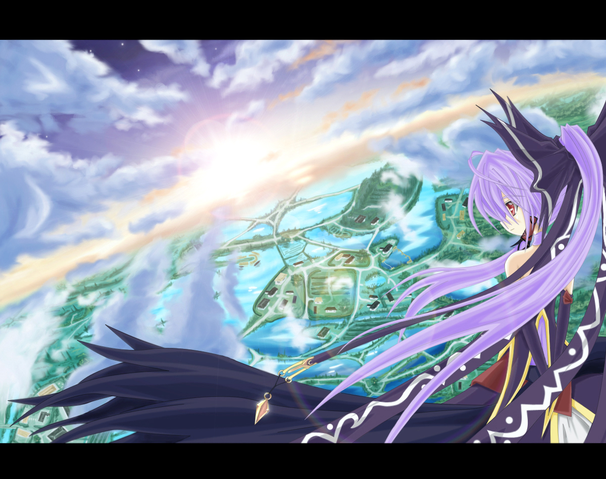 clouds, dress, elbow_gloves, gloves, landscape, long_hair, meimu, purple_hair, red_eyes, ribbons, scenic, sky, stars, touhou, water