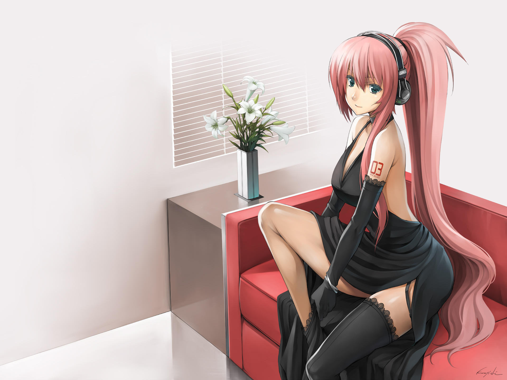 dress, elbow_gloves, flowers, gloves, headphones, kurojishi, megurine_luka, pink_hair, signed, thighhighs, vocaloid
