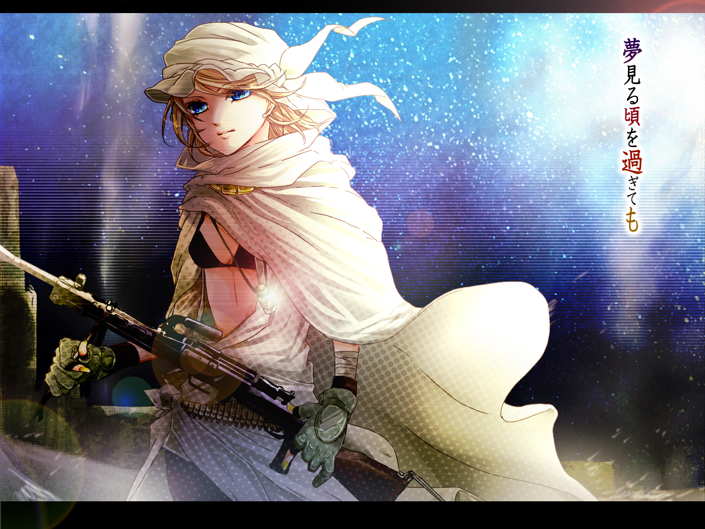 blonde_hair, blue_eyes, gloves, gun, kagamine_rin, semaru, vocaloid, weapon