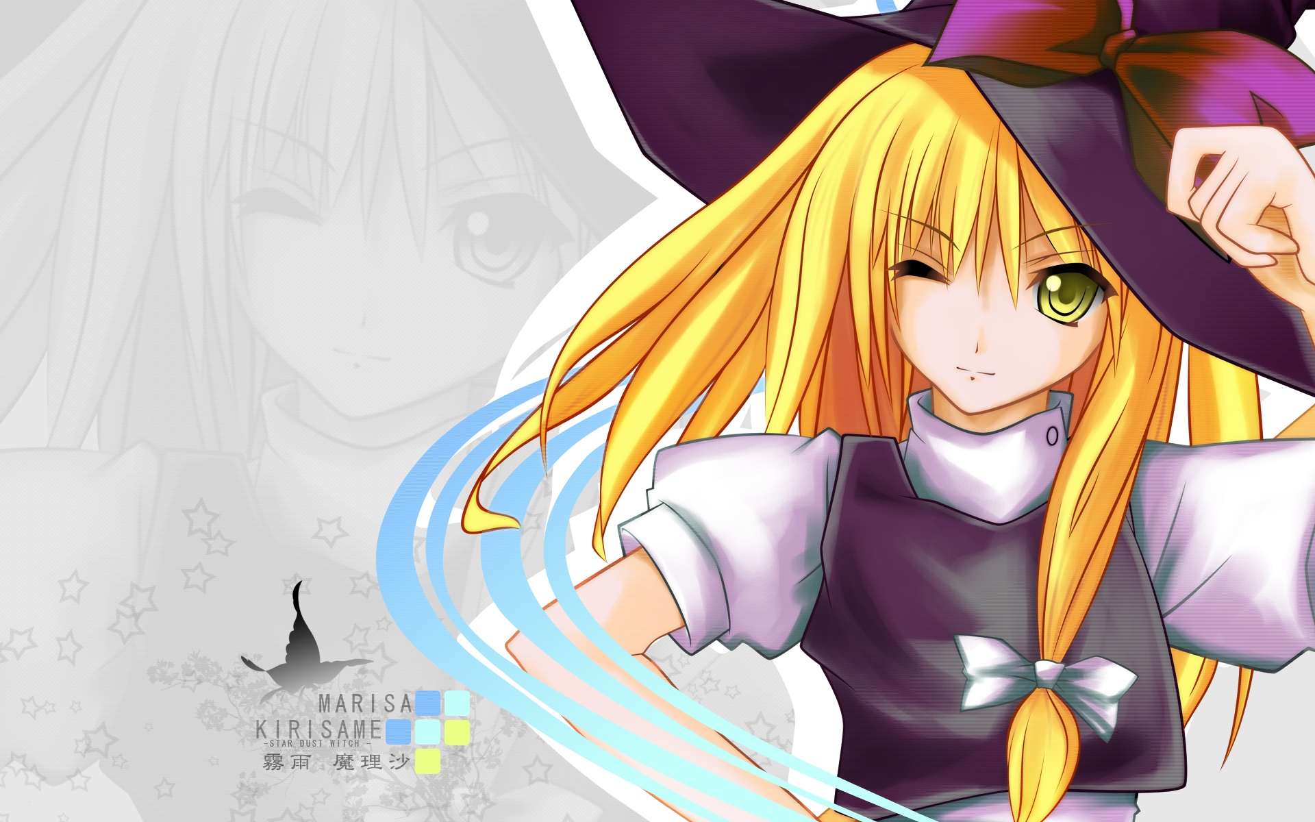 blonde_hair, bow, hat, kirisame_marisa, konoha_kuzunoki, long_hair, touhou, wink, witch, witch_hat, yellow_eyes, zoom_layer