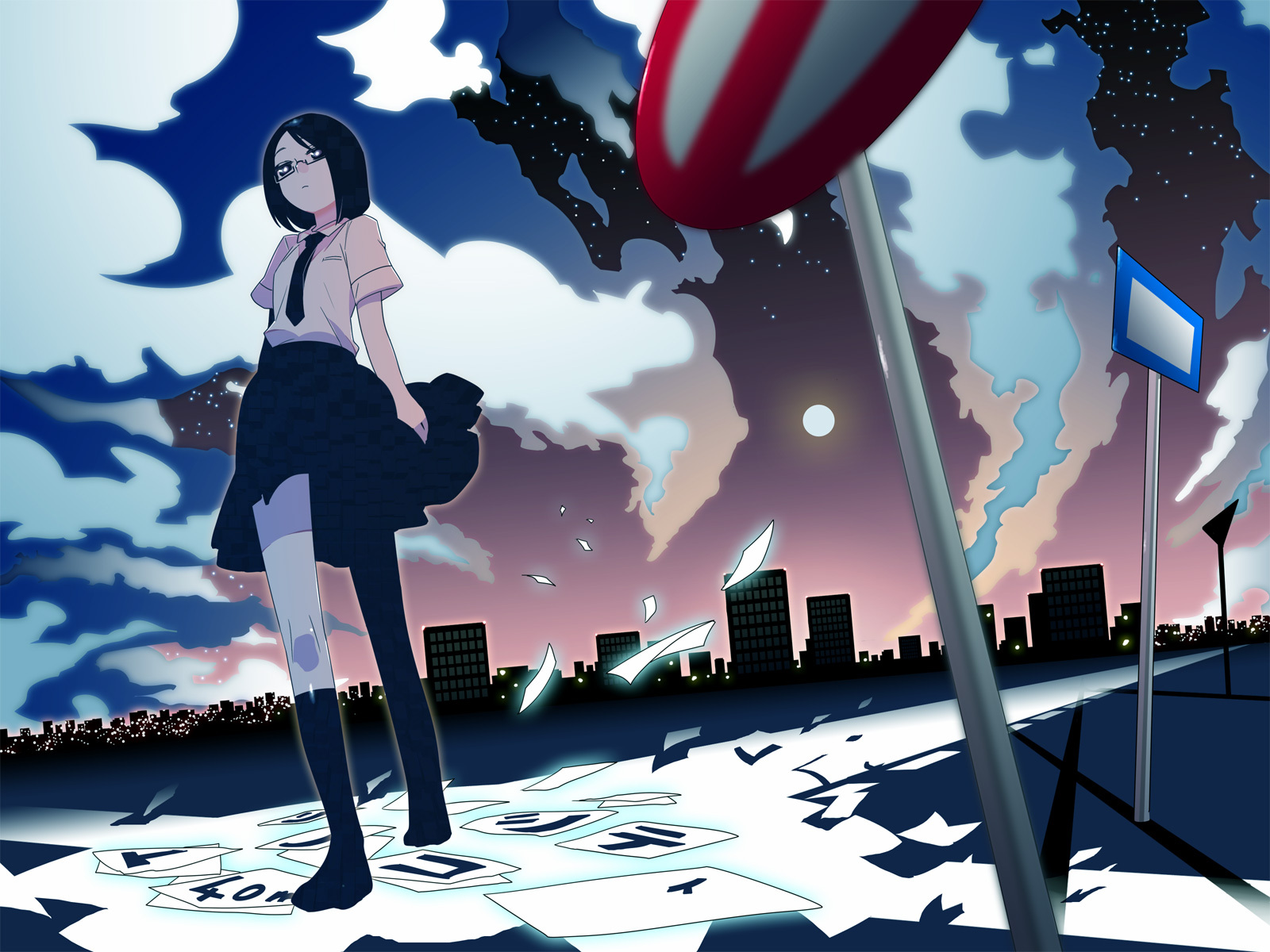 building, city, clouds, glasses, moon, night, original, paper, sky, stars, torinoko_city_(vocaloid)