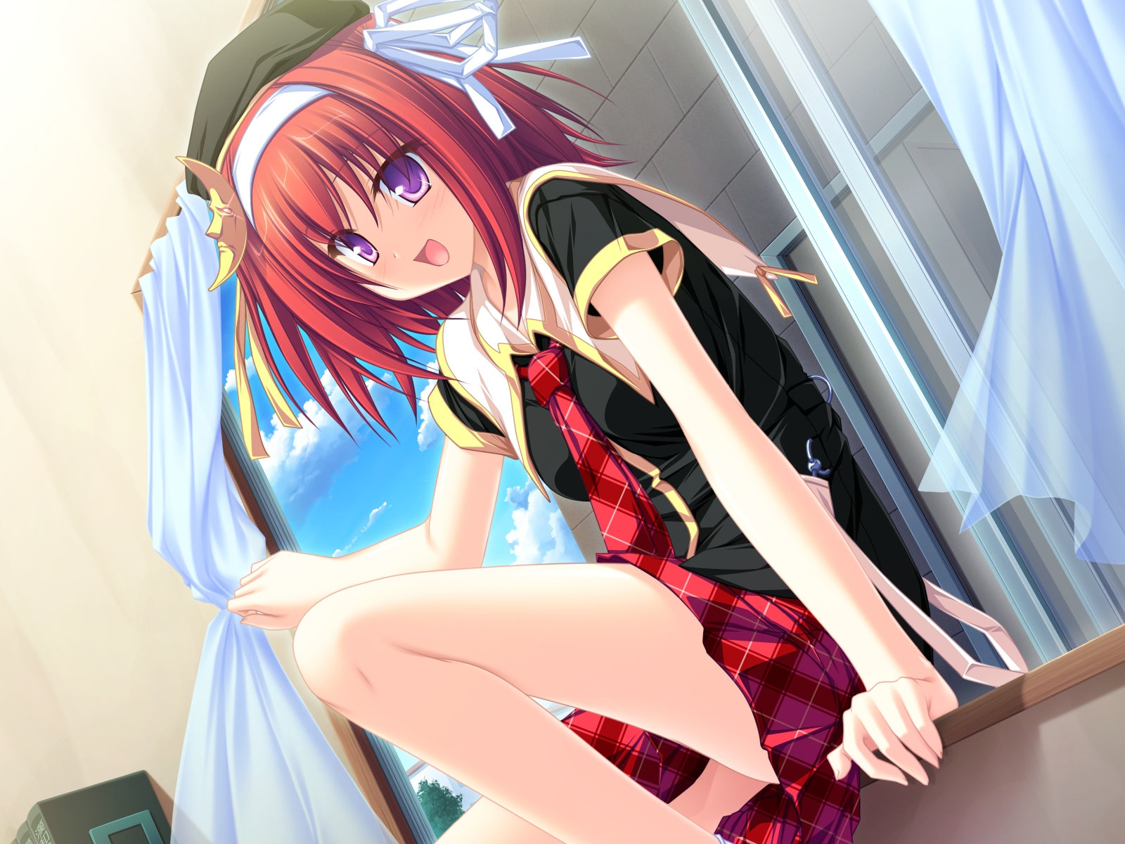 game_cg, hat, purple_eyes, red_hair, school_uniform, skirt, suzukaze_no_melt, tenmaso, tsubaki_nazuna, whirlpool