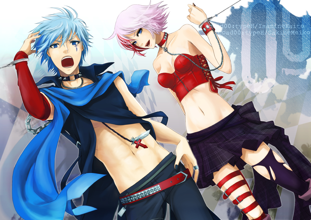 blue_eyes, blue_hair, chain, collar, cross, isamine_kaito, male, momopanda, navel, pink_hair, sakerune_meiko, scarf, shackles, short_hair, skirt, thighhighs, vocaloid