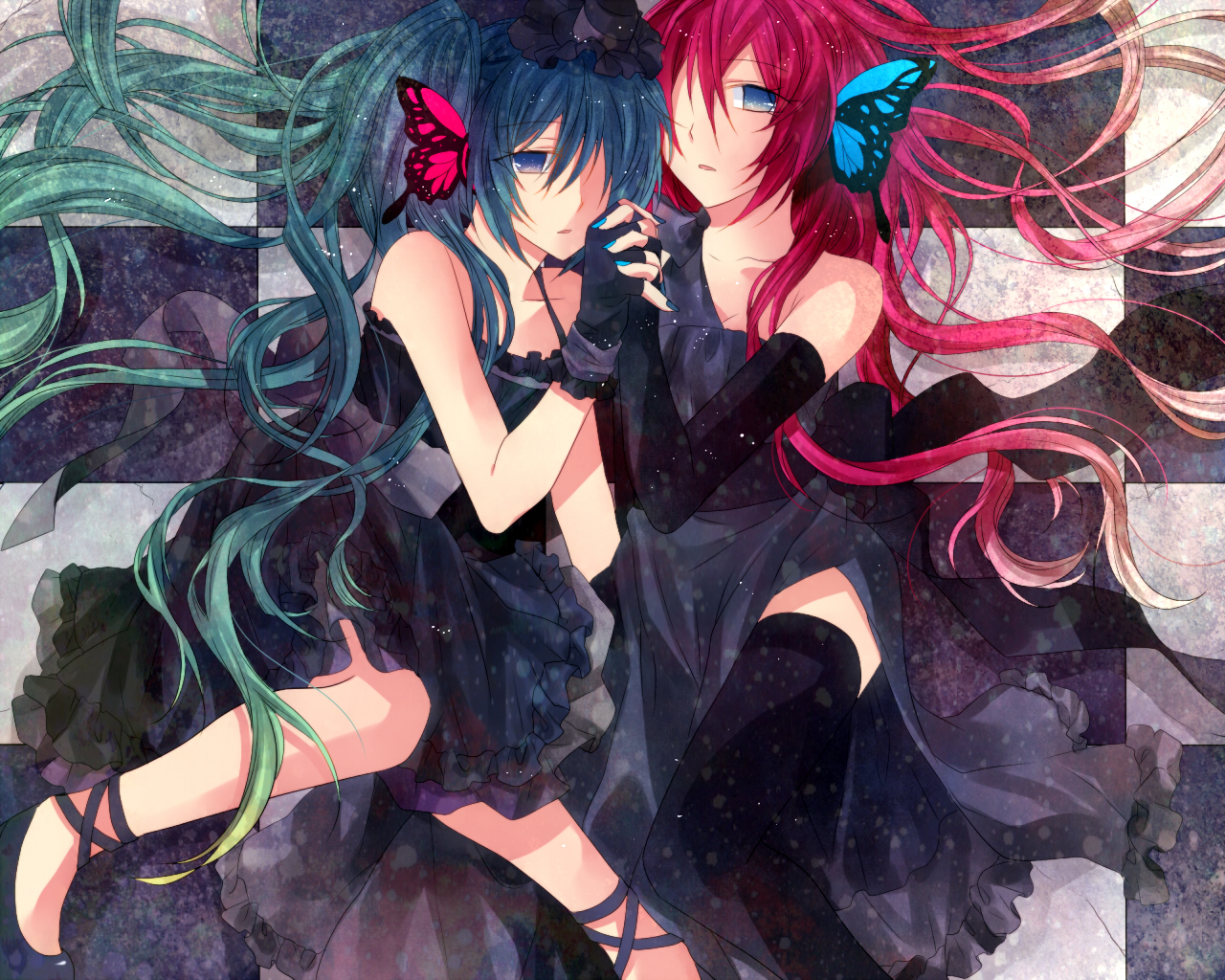 akitsuki_(akiduko), butterfly, dress, hatsune_miku, magnet_(vocaloid), megurine_luka, red_hair, thighhighs, twintails, vocaloid