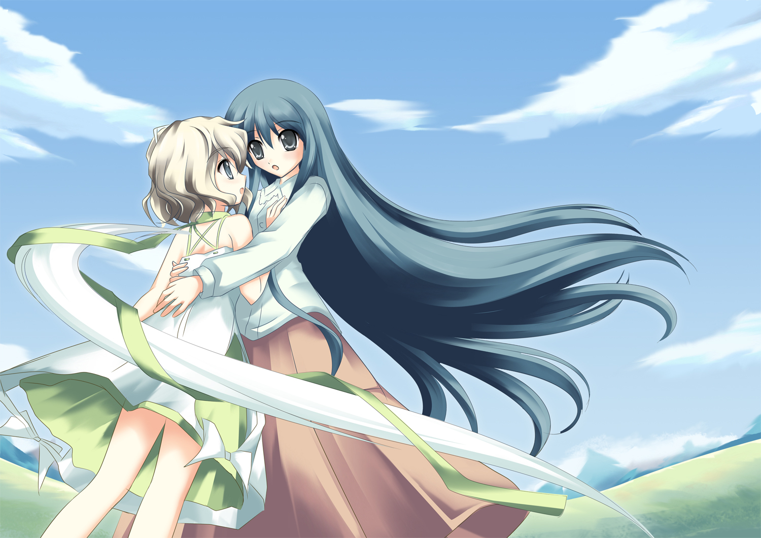 angelina_rocca, belle, blue_hair, gray_hair, katahane, long_hair, short_hair, wings