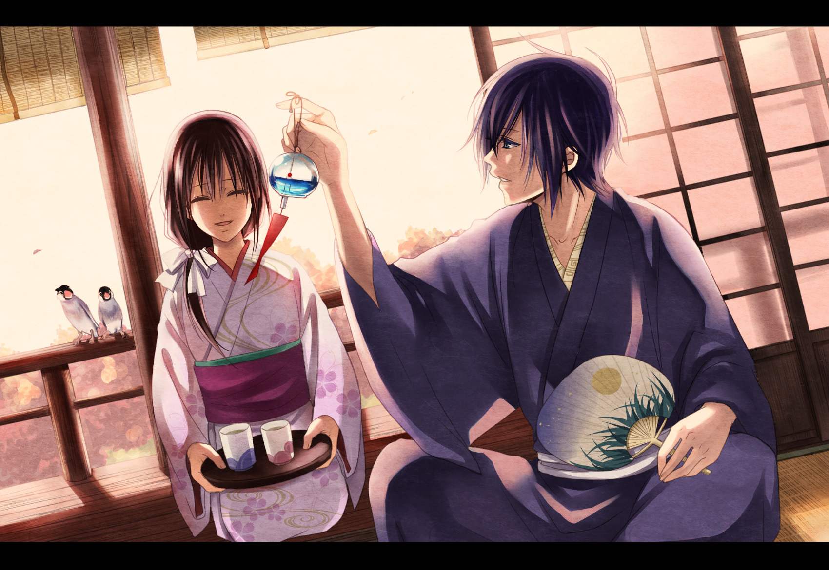 animal, bird, blue_eyes, brown_hair, hakuouki_shinsengumi_kitan, japanese_clothes, kimono, male, purple_hair, saitou_hajime, uzura_yuuno, yukimura_chizuru