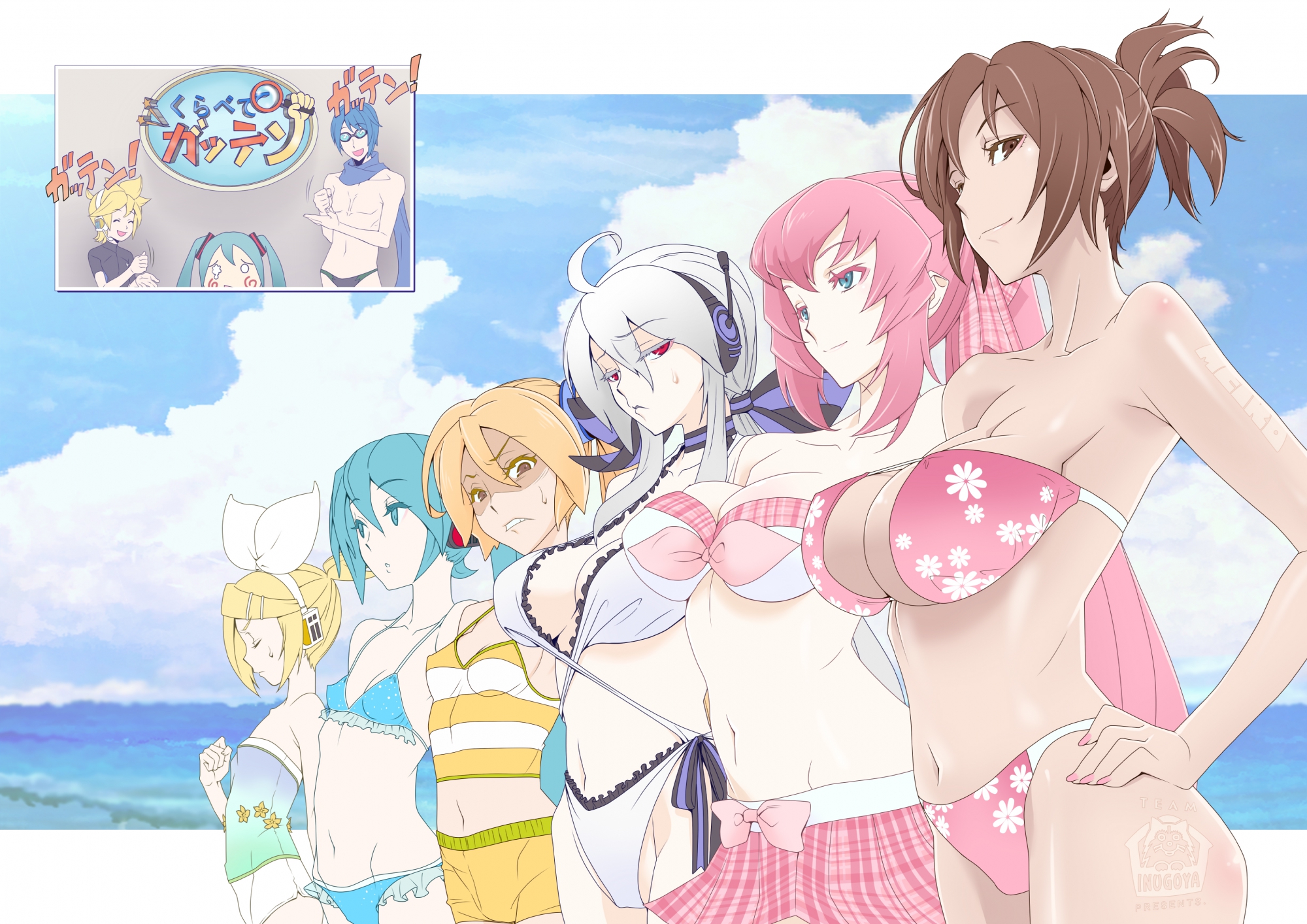 akita_neru, beach, bikini, breasts, cleavage, erect_nipples, group, hachune_miku, hatsune_miku, hirabaru_kenji, kagamine_len, kagamine_rin, kaito, male, megurine_luka, meiko, swimsuit, twintails, vocaloid, yowane_haku