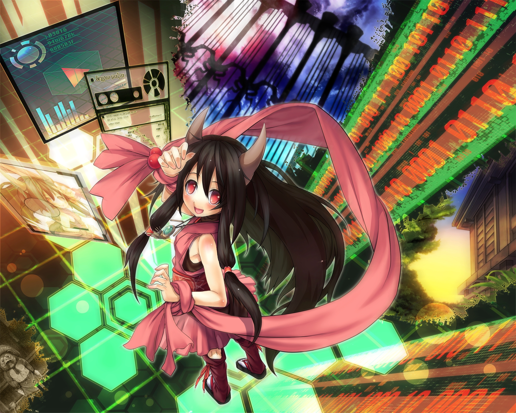 brown_hair, dress, eho_(icbm), horns, long_hair, naga, necklace, red_eyes, ryuujin_naga