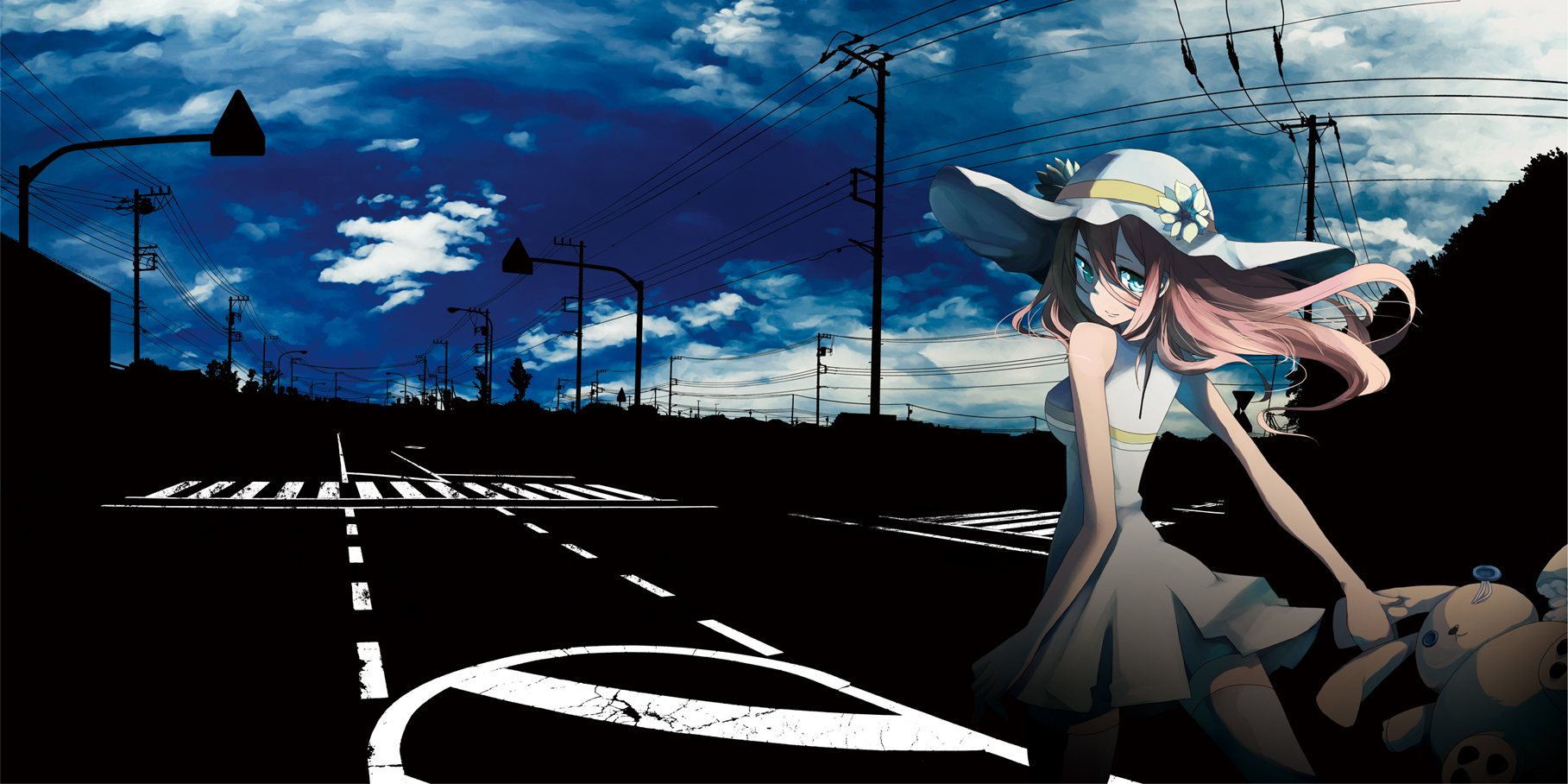 dress, green_eyes, hat, original, pink_hair, shimei_jien, sky, summer_dress