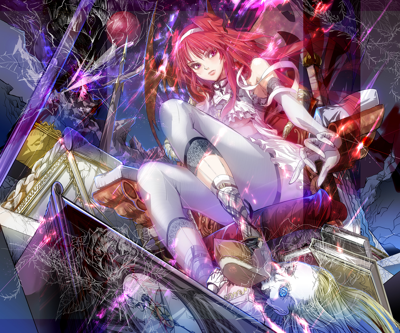 book, elbow_gloves, gloves, original, pink_eyes, pink_hair, sword, tanupo