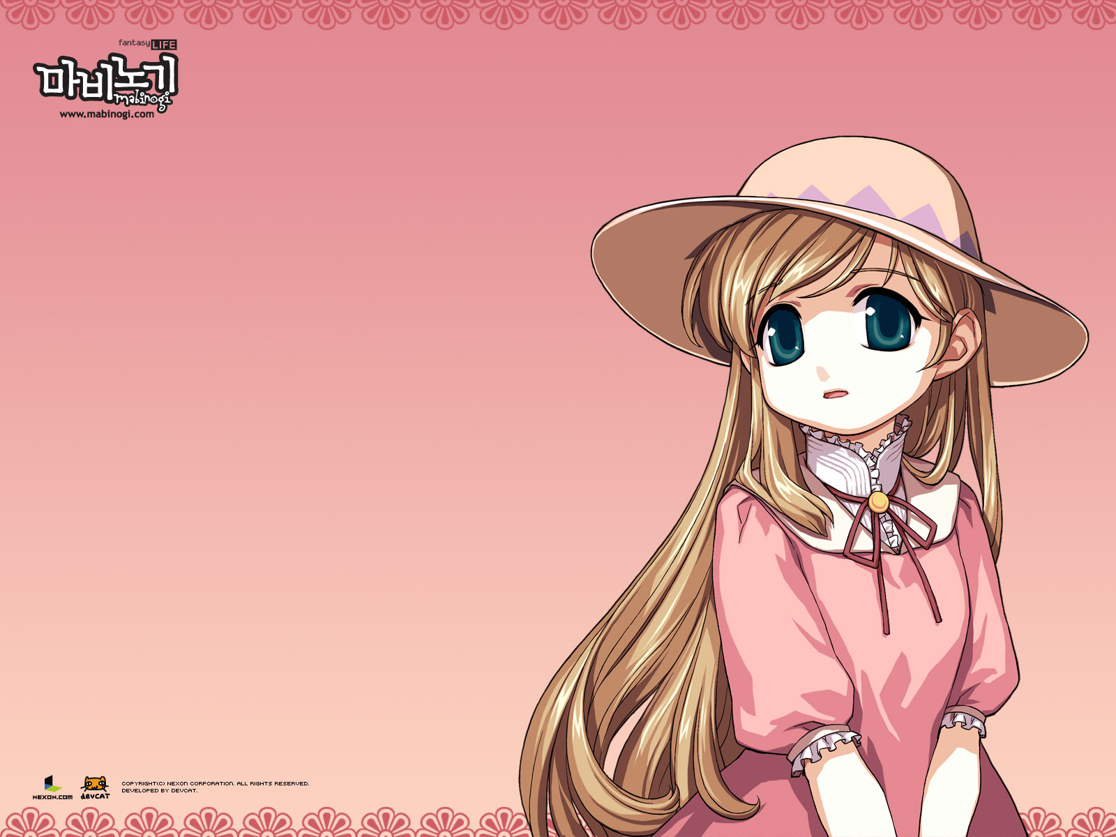 blonde_hair, dress, green_eyes, hat, ibbie, long_hair, mabinogi, pink