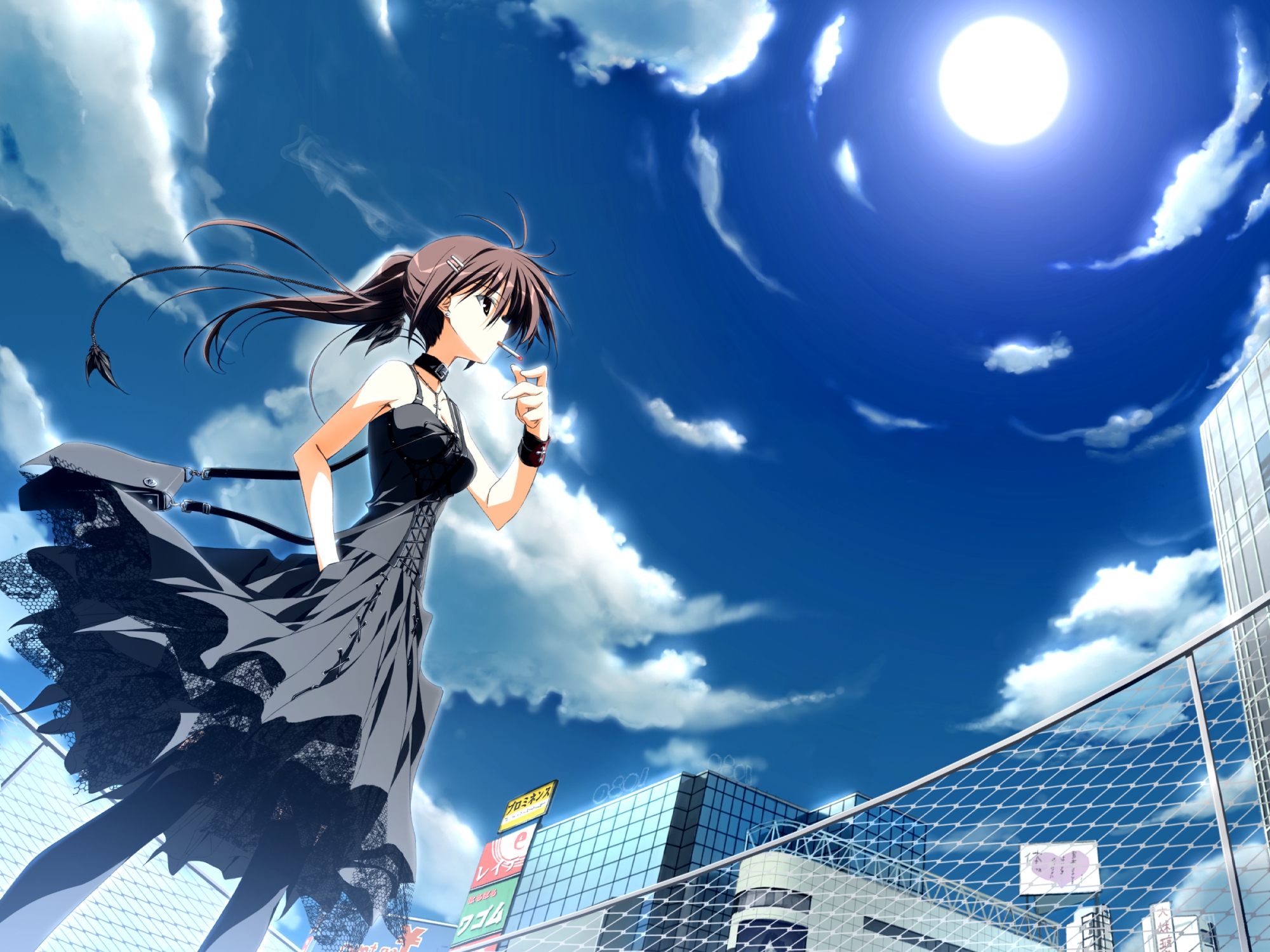 brown_eyes, brown_hair, cigarette, dress, game_cg, gothic, kagome, minakami_yuki