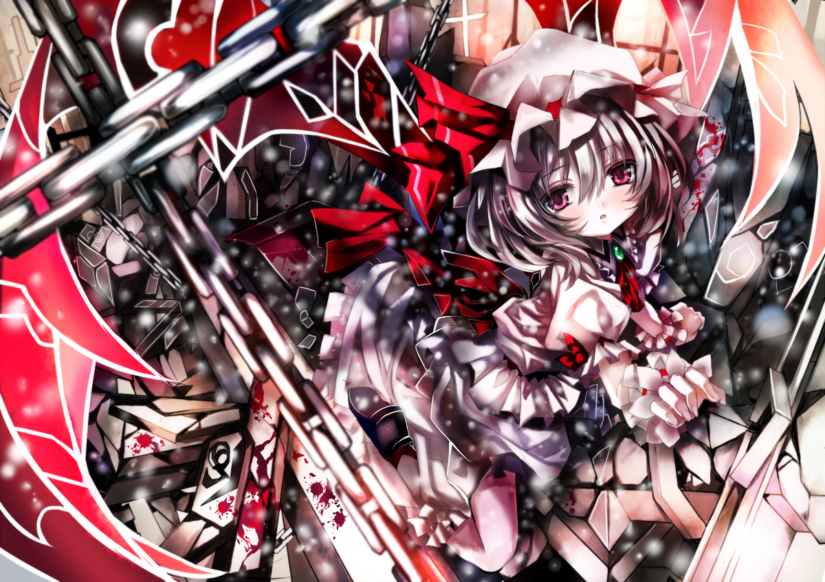 blood, blue_hair, chain, dress, hat, kamiya_yuu, remilia_scarlet, shino_(eefy)
