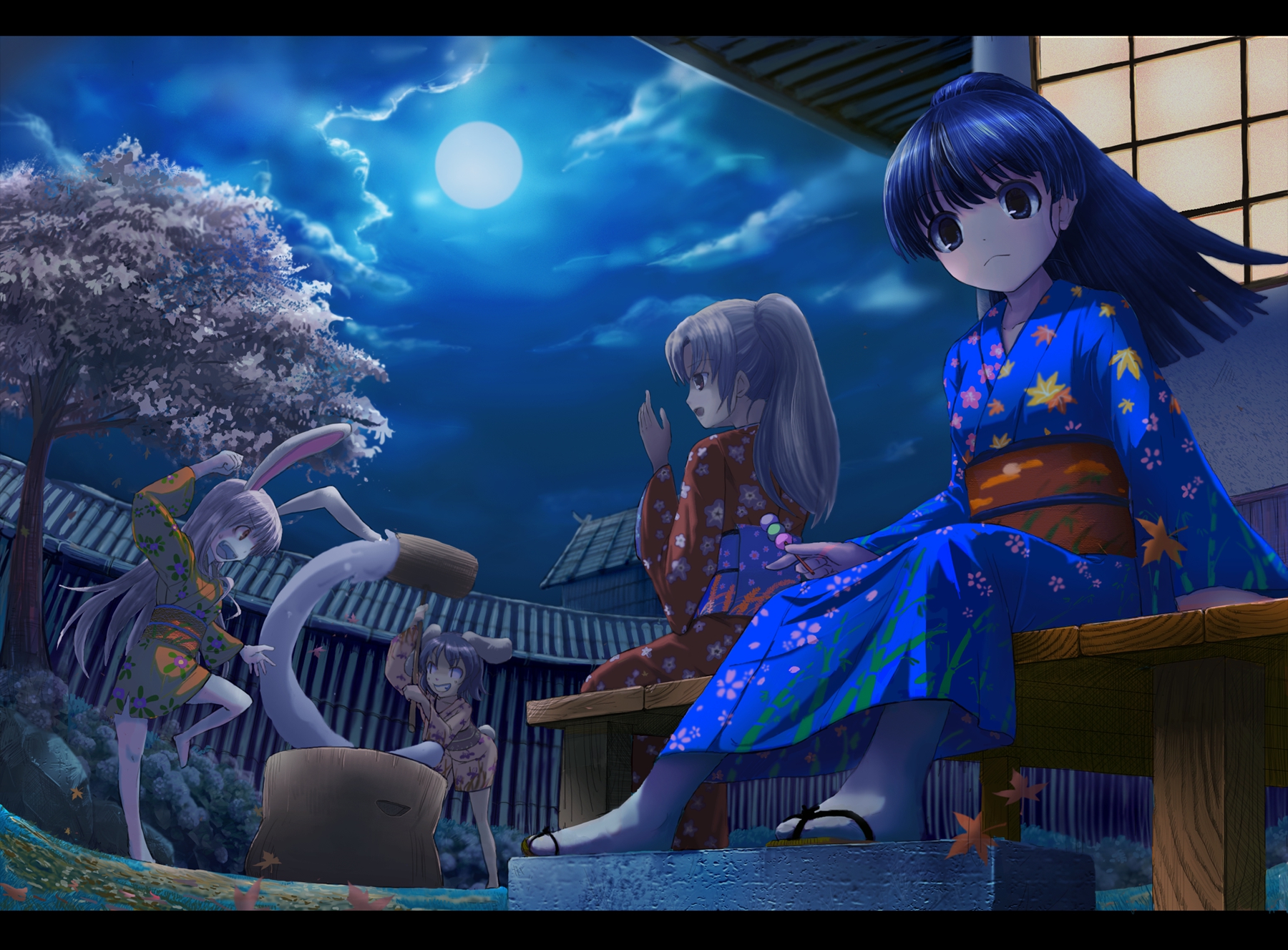 animal_ears, barefoot, blue_eyes, blue_hair, brown_eyes, bunny_ears, bunnygirl, clouds, food, gray_hair, group, houraisan_kaguya, inaba_tewi, japanese_clothes, kimono, leaves, long_hair, moon, night, petals, ponytail, ranka_(tonbo), reisen_udongein_inaba, short_hair, sky, socks, tail, touhou, tree, yagokoro_eirin