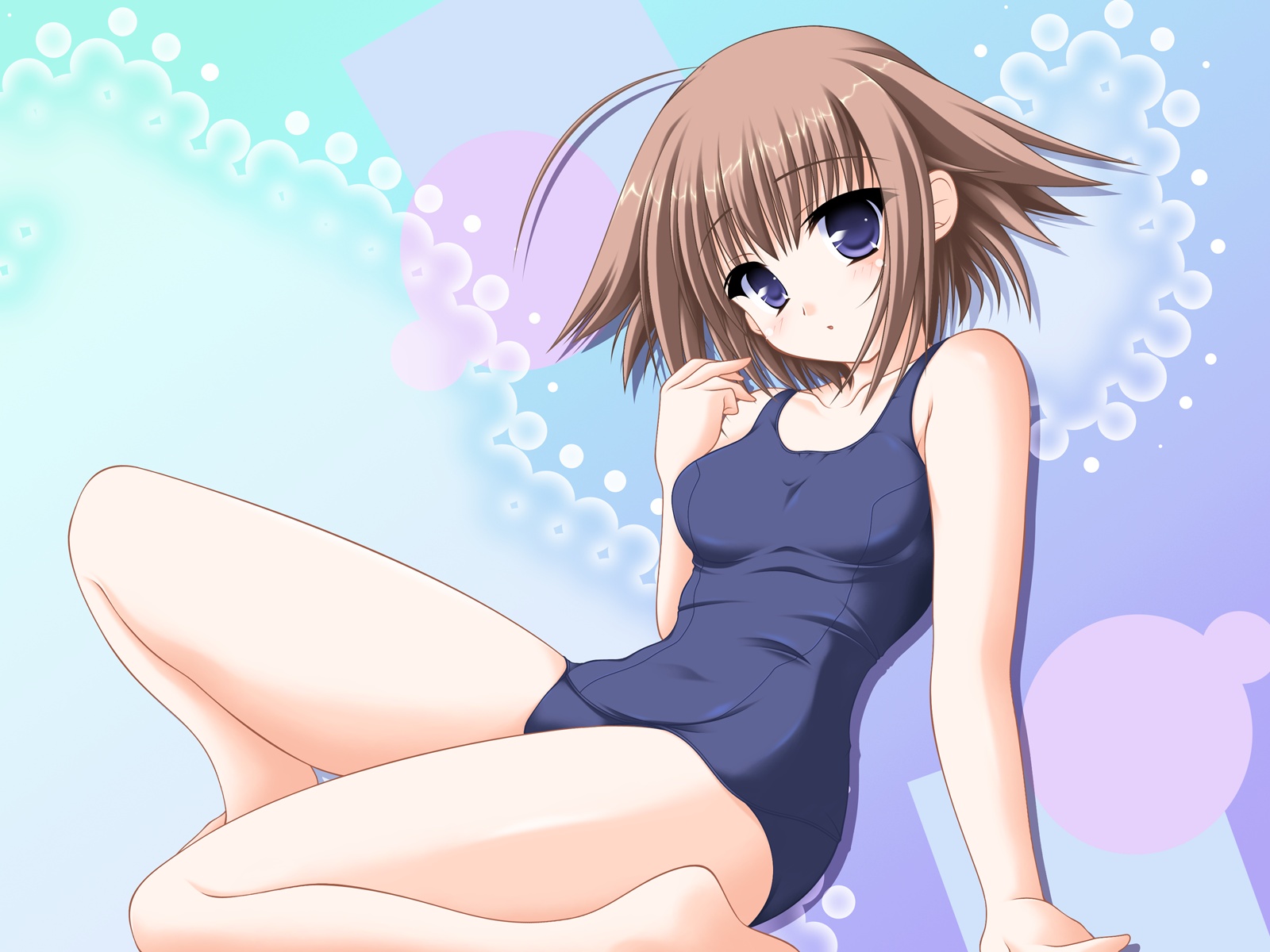 barefoot, blue_eyes, brown_hair, ii_futami, itsuka_todoku_anosorani, kakesu, short_hair, swimsuit