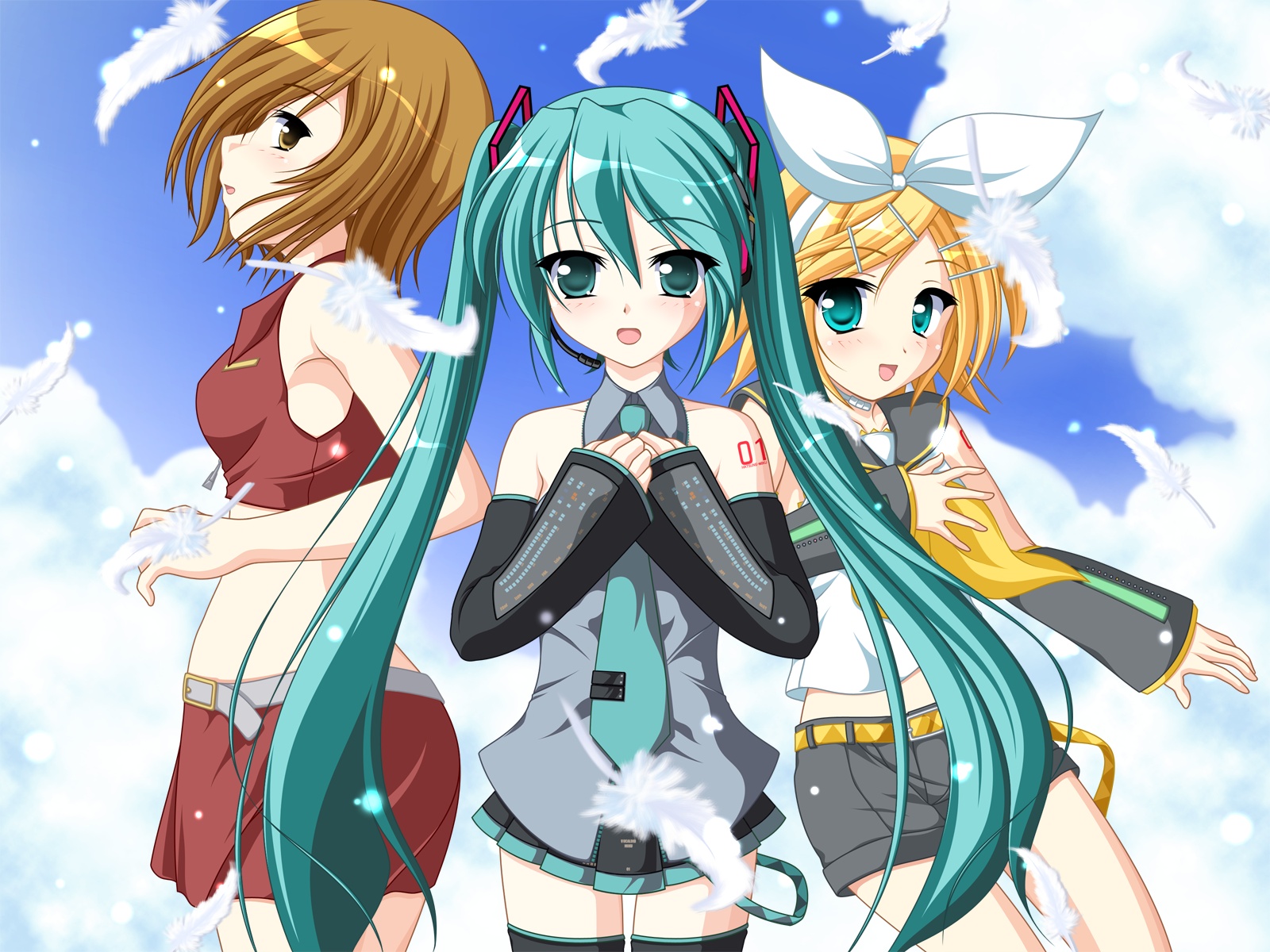 hatsune_miku, kagamine_rin, kakesu, meiko, twintails, vocaloid