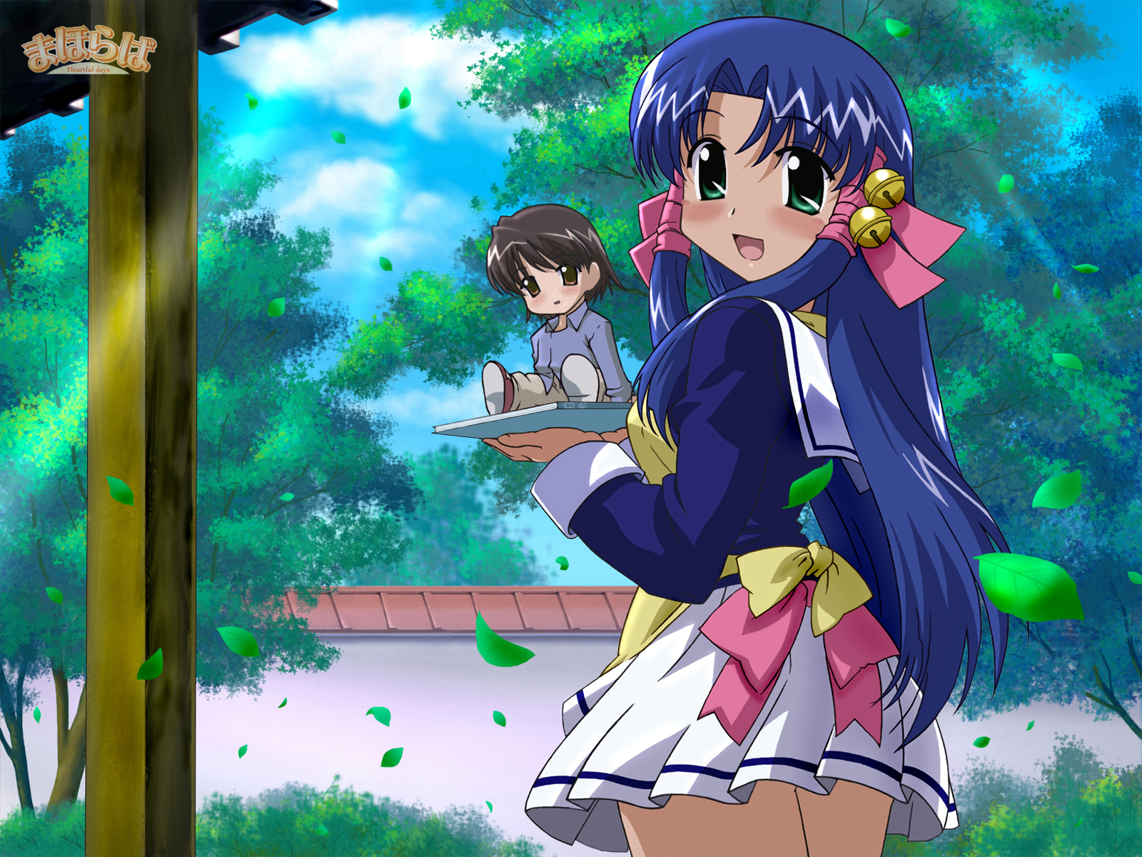 aoba_kozue, blue_hair, blush, brown_eyes, brown_hair, chibi, green_eyes, leaves, long_hair, mahoraba_heartful_days, ribbons, shiratori_ryuushi