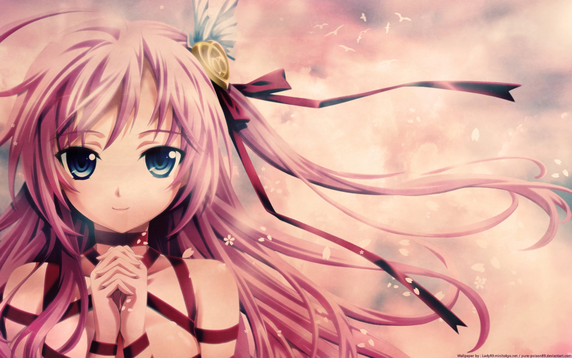 animal, bird, blue_eyes, close, kikouyoku_senki_tenkuu_no_yumina, long_hair, matsuryuu, midorishita_yumina, petals, pink_hair, ribbons, watermark