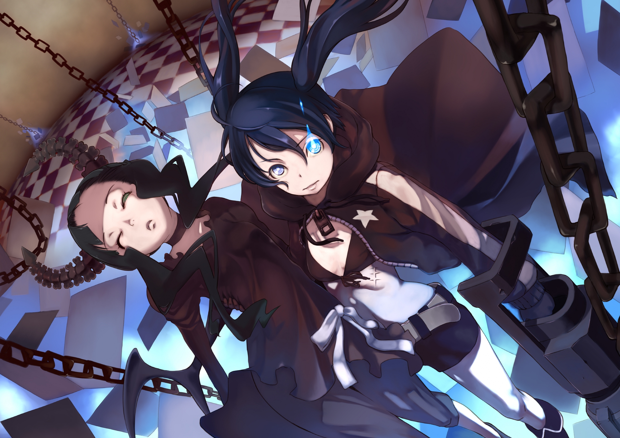 black_rock_shooter, chain, gun, kuroi_mato, takanashi_yomi, utu, weapon