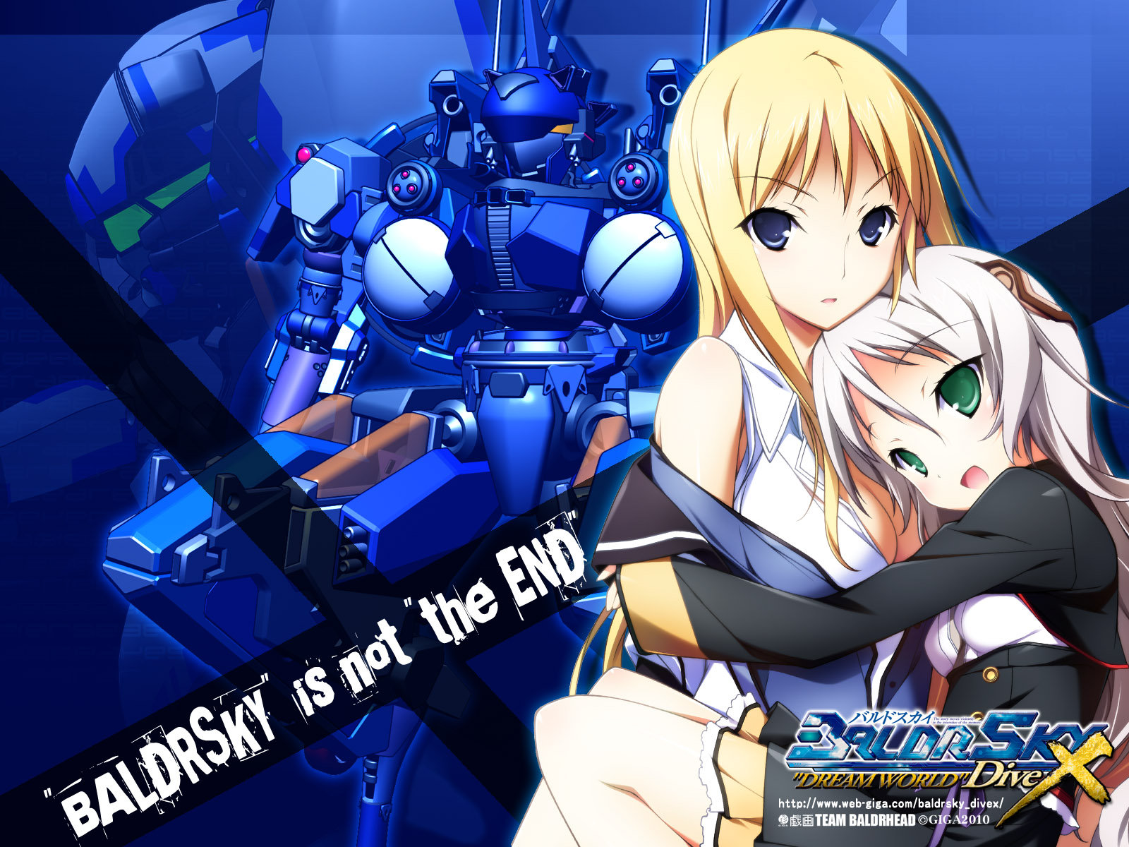 2girls, baldr_sky, blonde_hair, blue_eyes, breasts, cleavage, giga, gray_hair