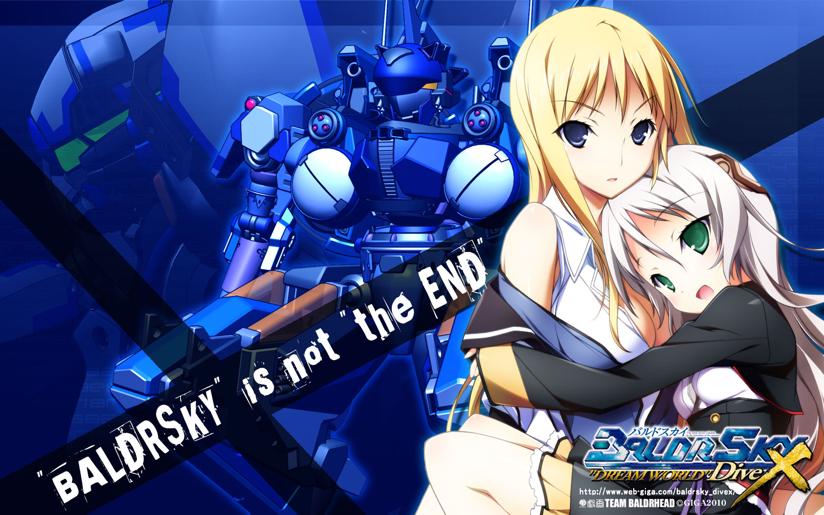 2girls, baldr_sky, blonde_hair, blue_eyes, breasts, cleavage, giga, gray_hair