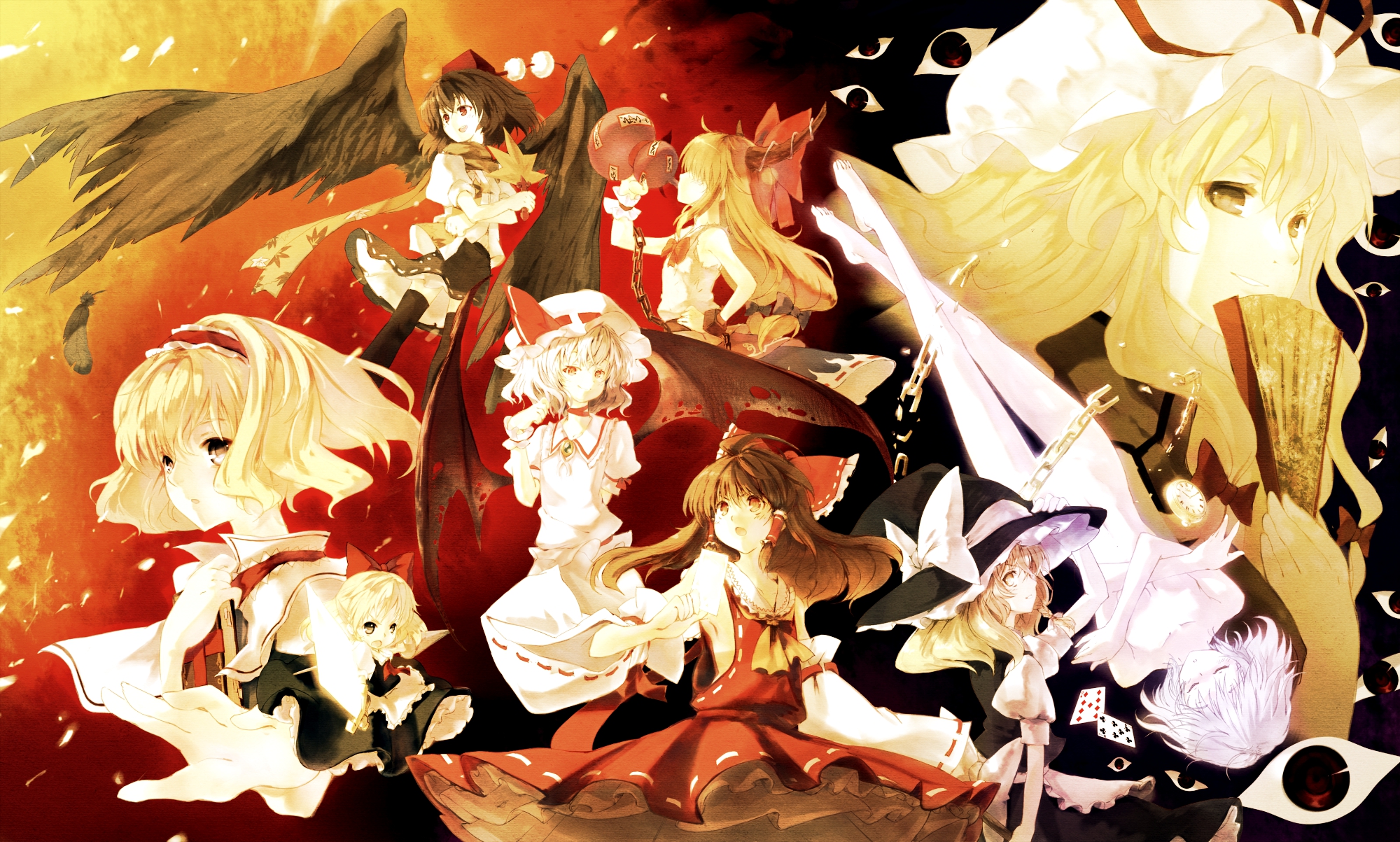 alice_margatroid, alongriver, doll, group, hakurei_reimu, ibuki_suika, izayoi_sakuya, japanese_clothes