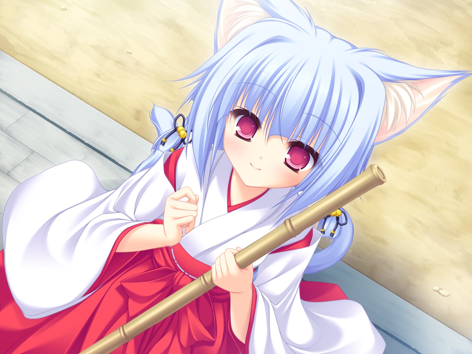 animal_ears, bell, blue_hair, blush, bow, catgirl, game_cg, japanese_clothes