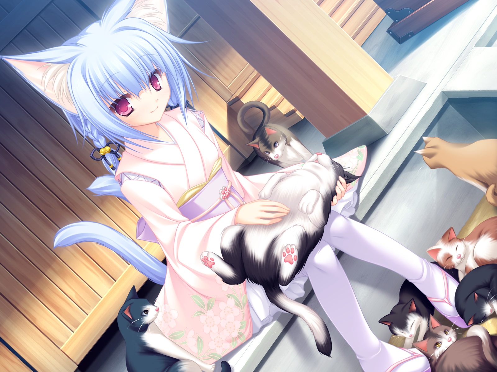 animal, animal_ears, bell, blue_hair, bow, cat, catgirl, game_cg, japanese_clothes, kiryuu_hina, mikagami_mamizu, multiple_tails, neko_koi, pink_eyes, tail, whirlpool