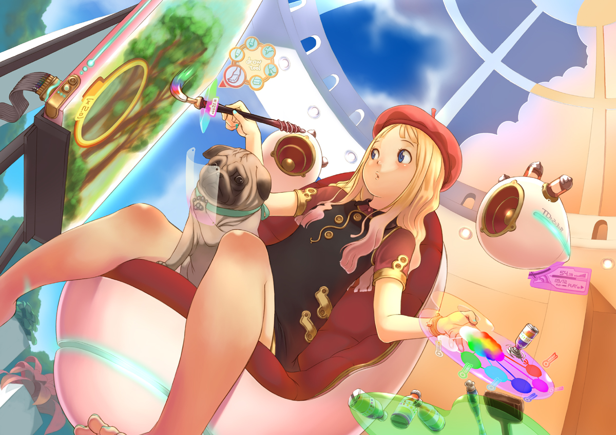 animal, blonde_hair, blue_eyes, dog, hat, original, utu