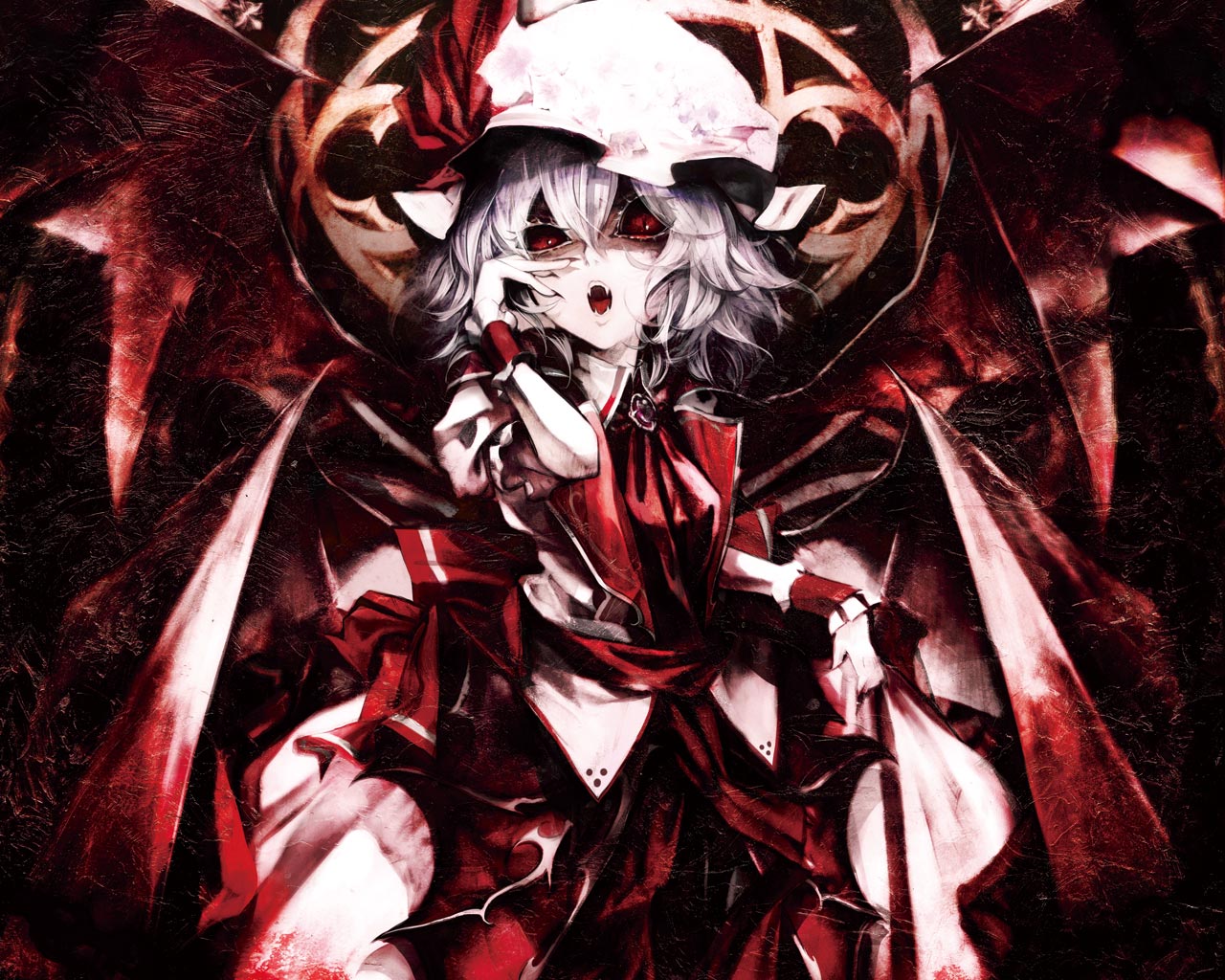 banpai_akira, blue_hair, dress, fang, hat, red_eyes, remilia_scarlet, short_hair