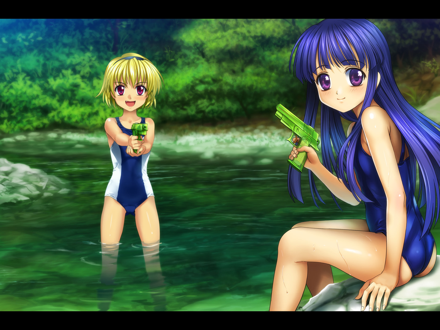 blue_hair, duplicate, furude_rika, gun, higurashi_no_naku_koro_ni, houjou_satoko, moonknives, purple_eyes