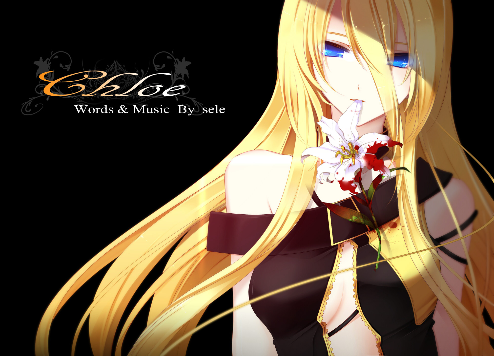black, blonde_hair, blood, blue_eyes, breasts, cleavage, flowers, jpeg_artifacts
