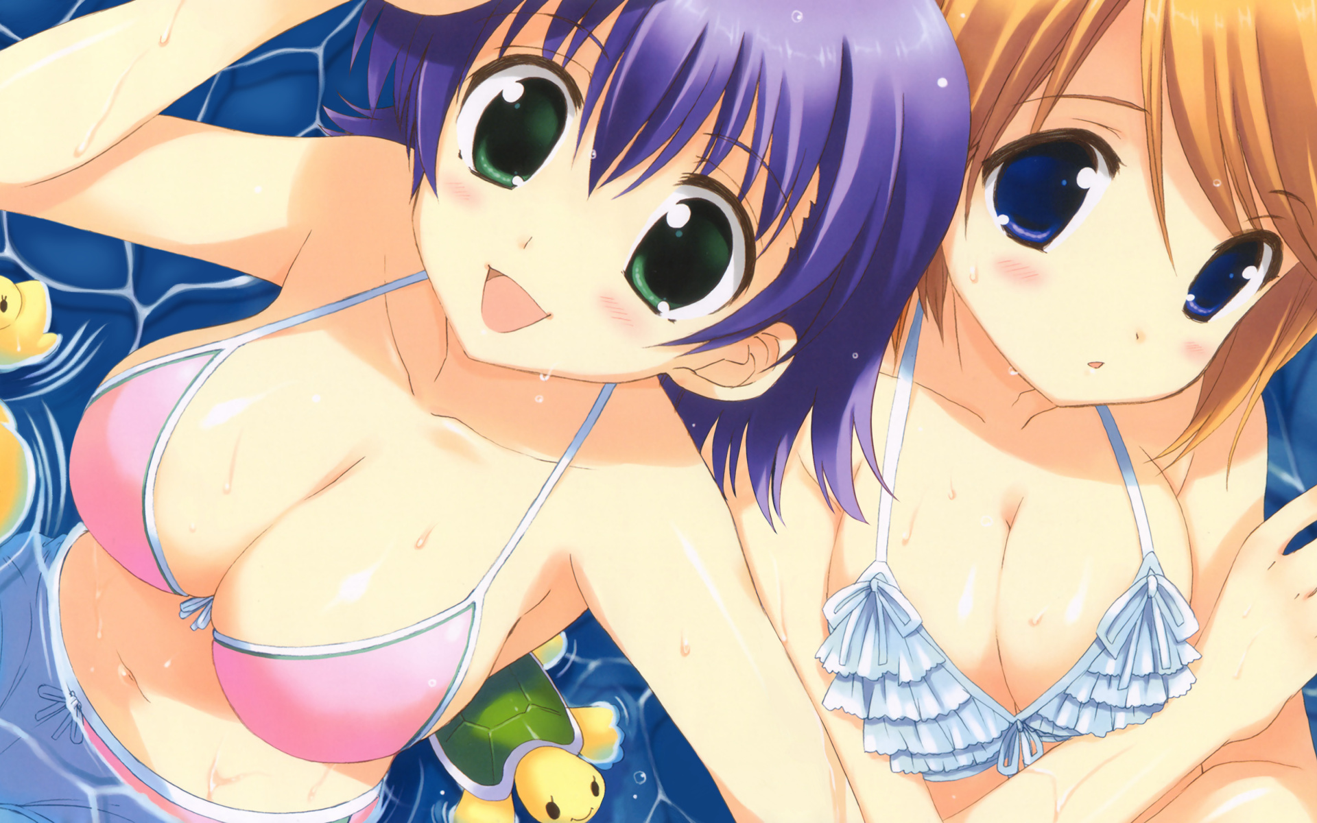 2girls, aquaplus, bikini, breasts, komaki_manaka, leaf, swimsuit, to_heart, to_heart_2, tonami_yuma, wet